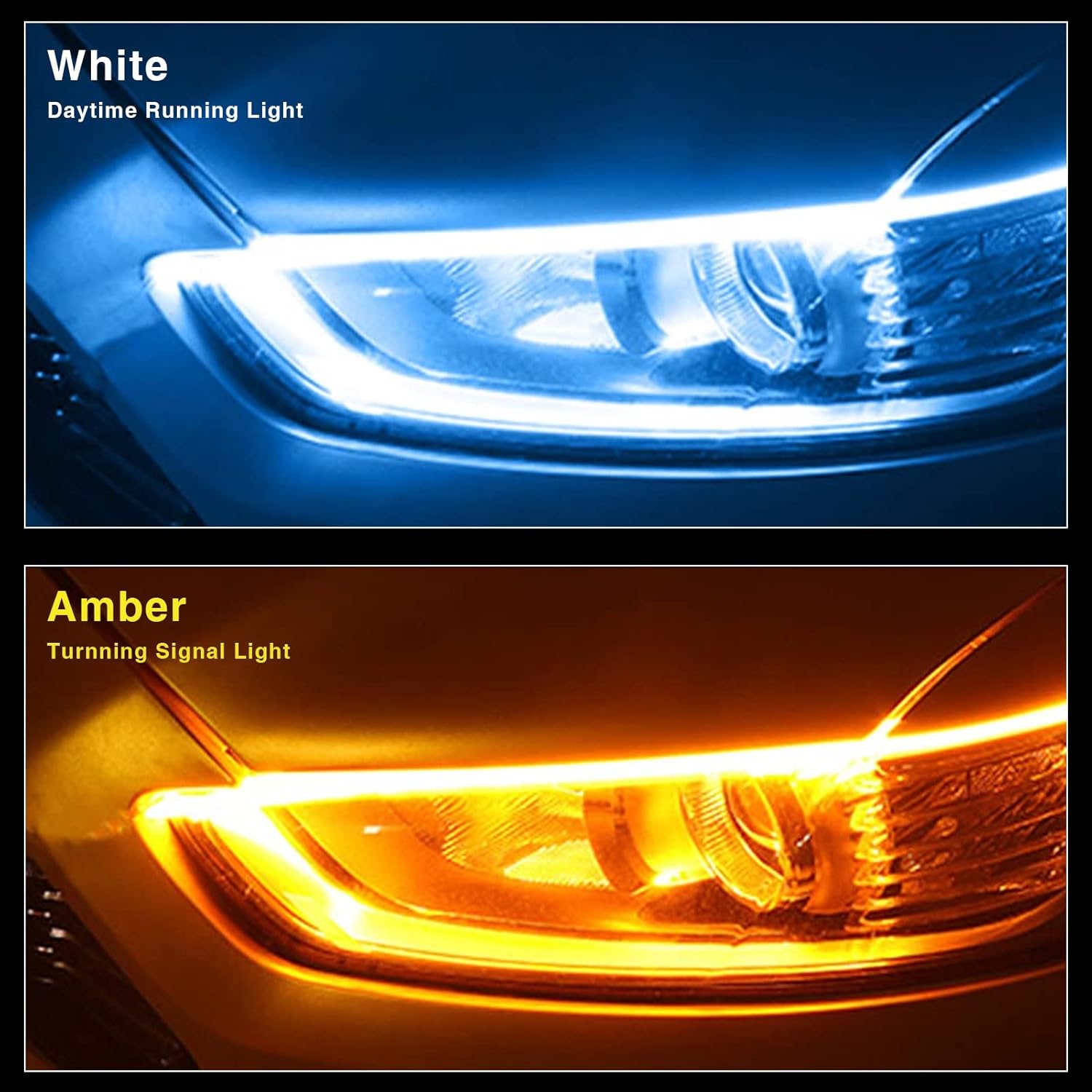 Tira de luz LED para faros delanteros, de 17.7 pulgadas, flexible, para automóvil, de doble color, blanco y ámbar, luz de circulación diurna,