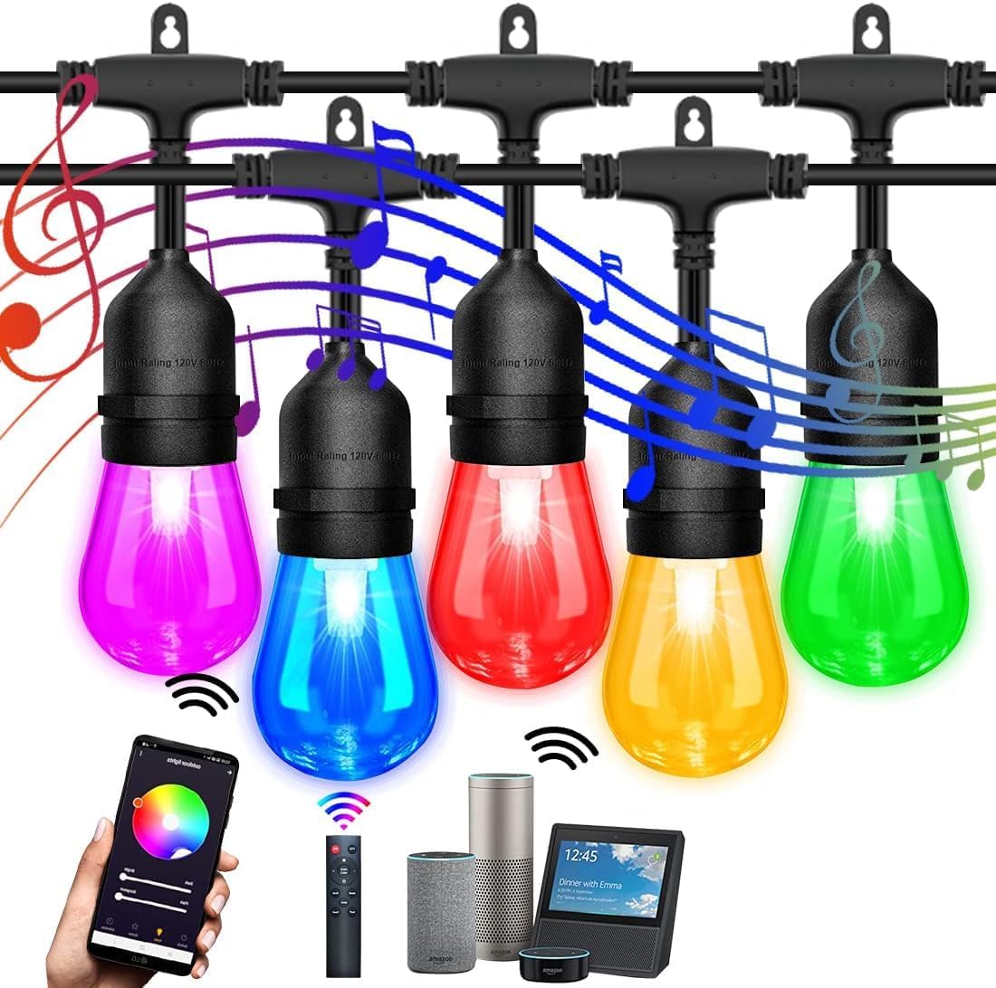 Cadena de luces inteligentes para exteriores de 48 pies, cambio de color con flash de música, bombilla LED S14 regulable WiFi inastillable,