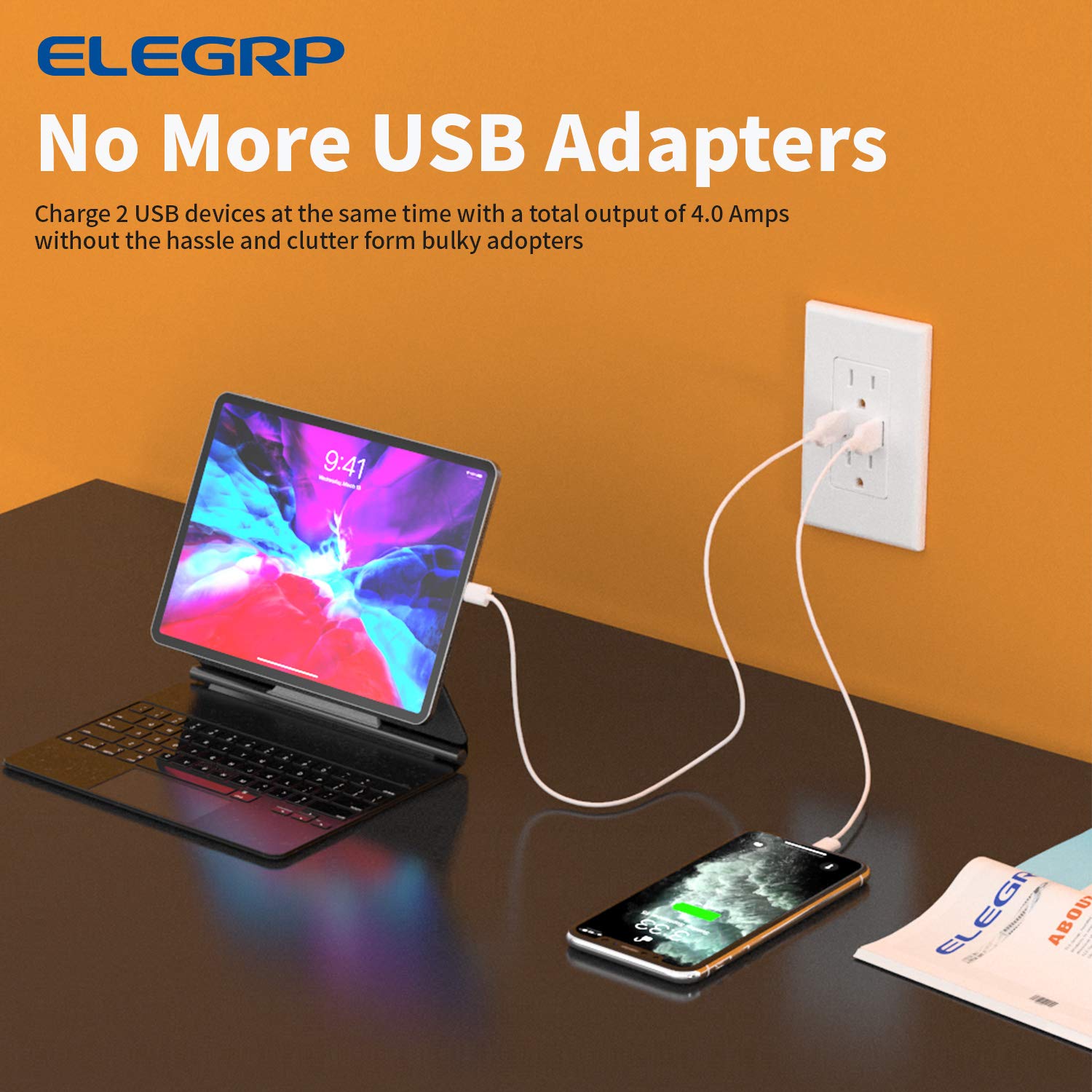 ELEGRP Receptáculo de toma de pared USB con puertos USB duales de 4.0 A, receptáculo dúplex resistente a manipulaciones de 15 amperios, toma de