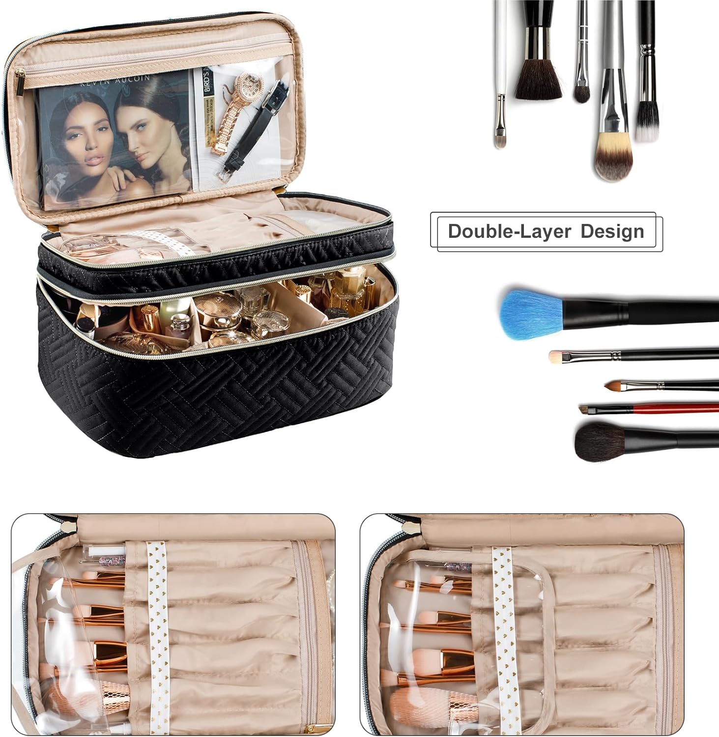 AMOIGEE Bolsa de maquillaje grande, organizador de bolsa de maquillaje de viaje, estuche de tren de doble capa, bolsa de maquillaje, bolsa de aseo