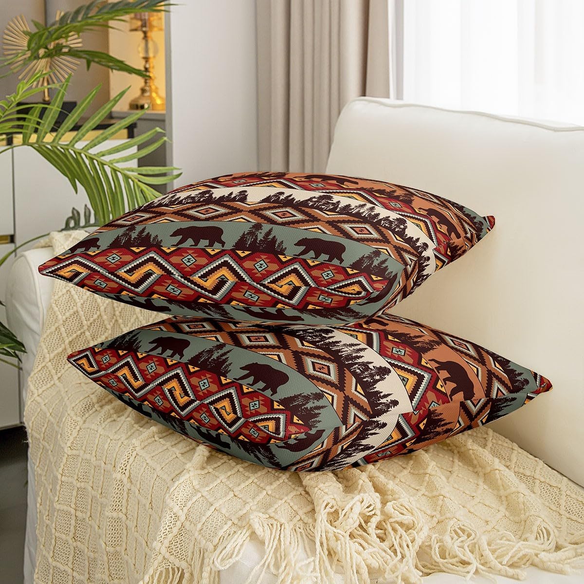Juego de 2 fundas de almohada de oso azteca de 20 x 20 pulgadas, fundas de cojín estilo occidental para sofá, cama, sillón, diseño tribal étnico