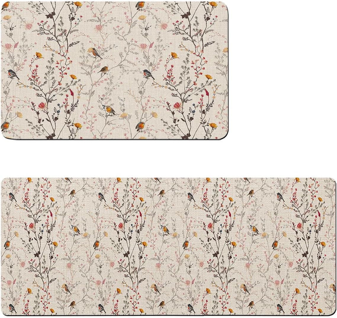 Juego de 2 alfombras y tapetes de baño, alfombra de pasillo de baño, vintage, floral, beige, absorbentes, para piso, bañera, fregadero, cocina,