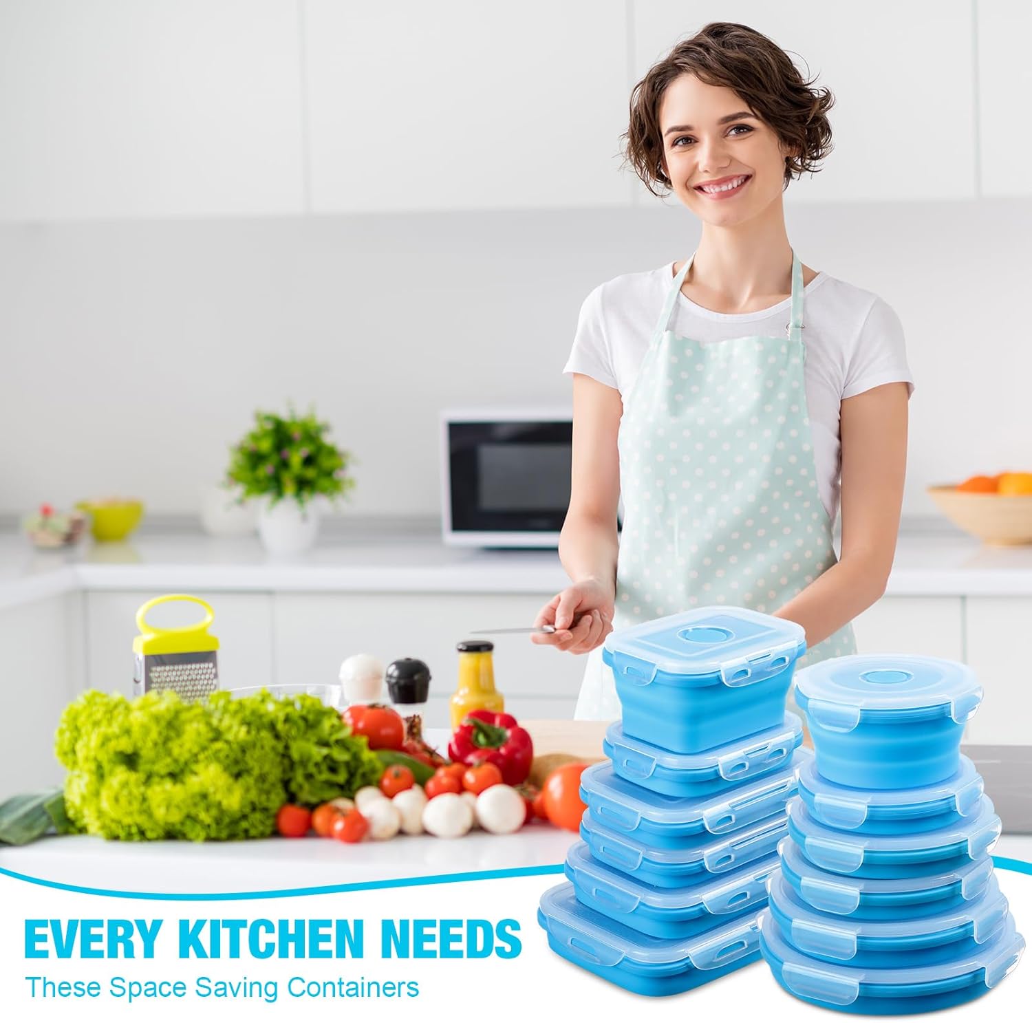 Dandat 12 recipientes plegables de silicona para almacenamiento de alimentos, contenedores plegables de silicona para el almuerzo, 6 rectangulares y