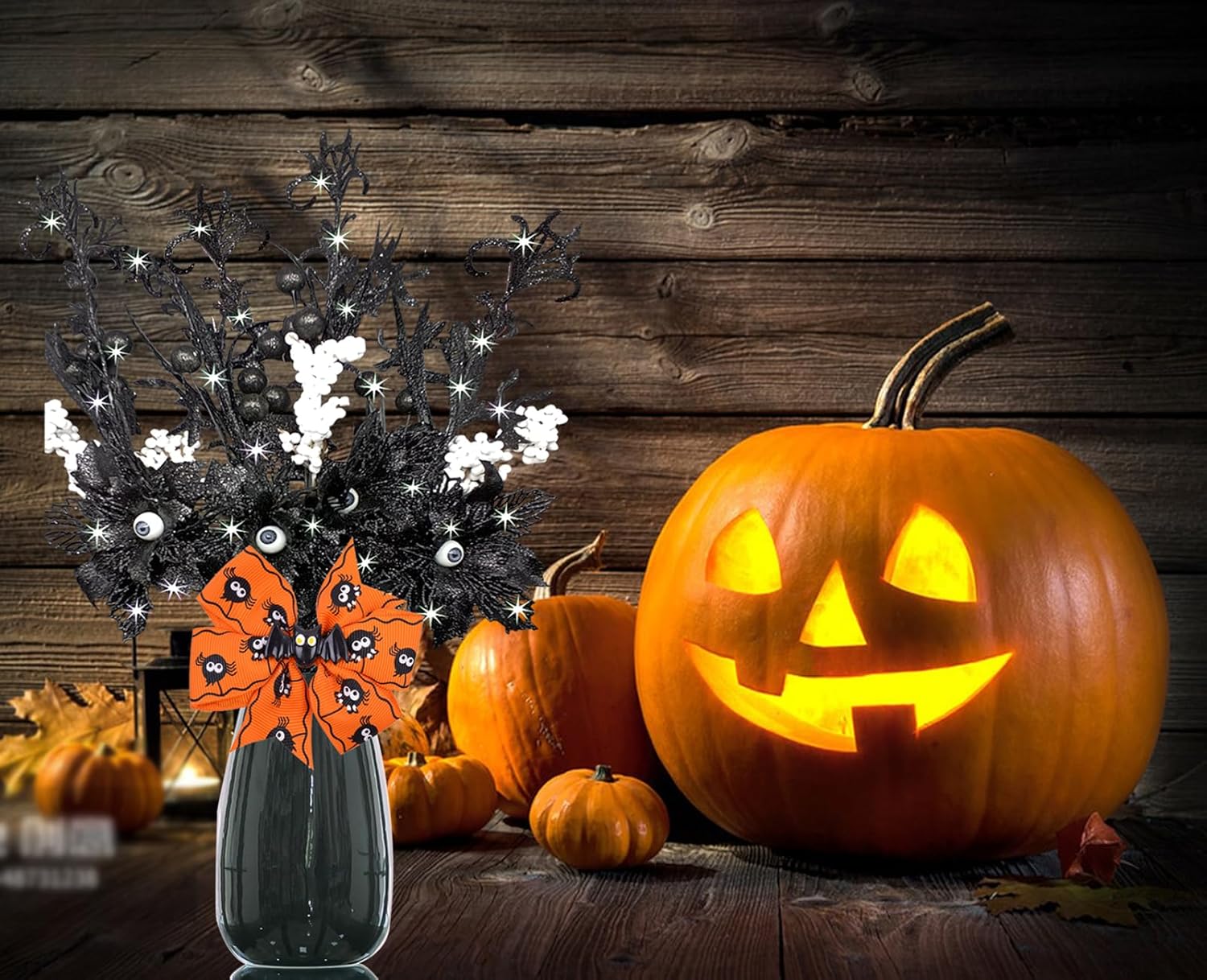 4 piezas de flores artificiales negras con purpurina de Halloween, murciélagos, ojos del diablo, tallos artificiales de ojos encantados, decoración