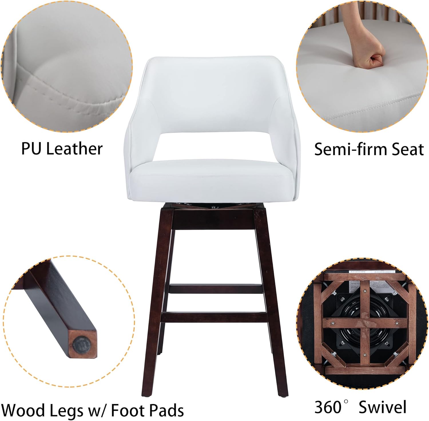 Taburete de bar de 28 pulgadas con respaldo para isla de cocina, taburetes giratorios tapizados de piel sintética, patas de madera, taburete