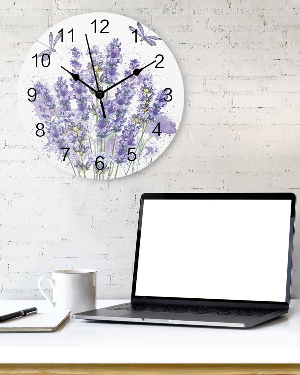 Reloj de pared de PVC con flores de lavanda, silencioso, sin tictac, funciona con pilas, reloj redondo para el hogar, sala de estar, oficina,