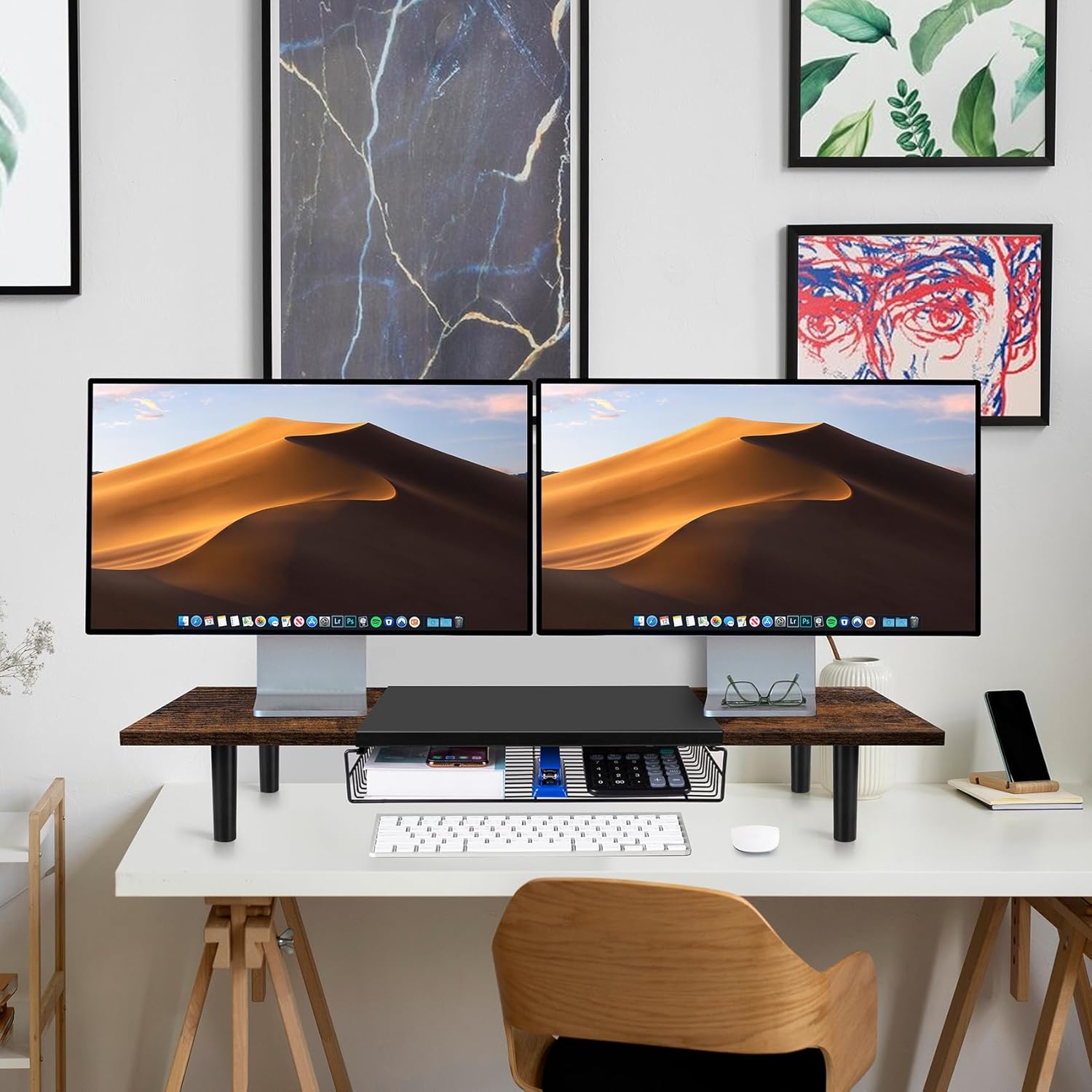 Soporte de monitor doble para 2 monitores, elevador de TV grande con organizador de escritorio de longitud ajustable, soporte de monitor de