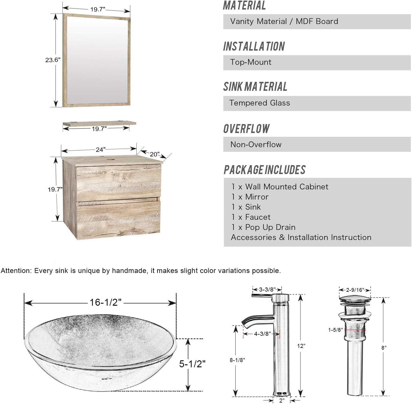 eclife Juego de lavabo de tocador de baño de 24 pulgadas montado en la pared con dos cajones marrón redondo vidrio templado fregadero con grifo ORB,