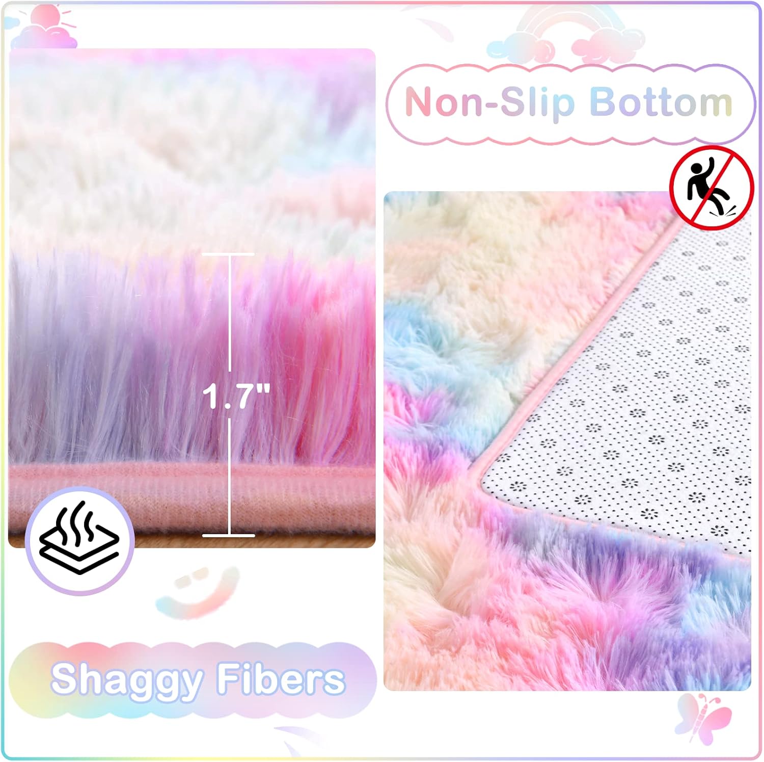 Ompaa Alfombra suave y esponjosa de arco iris para dormitorio de niñas, alfombras Kawaii de teñido anudado para niños, para adolescentes, estética,