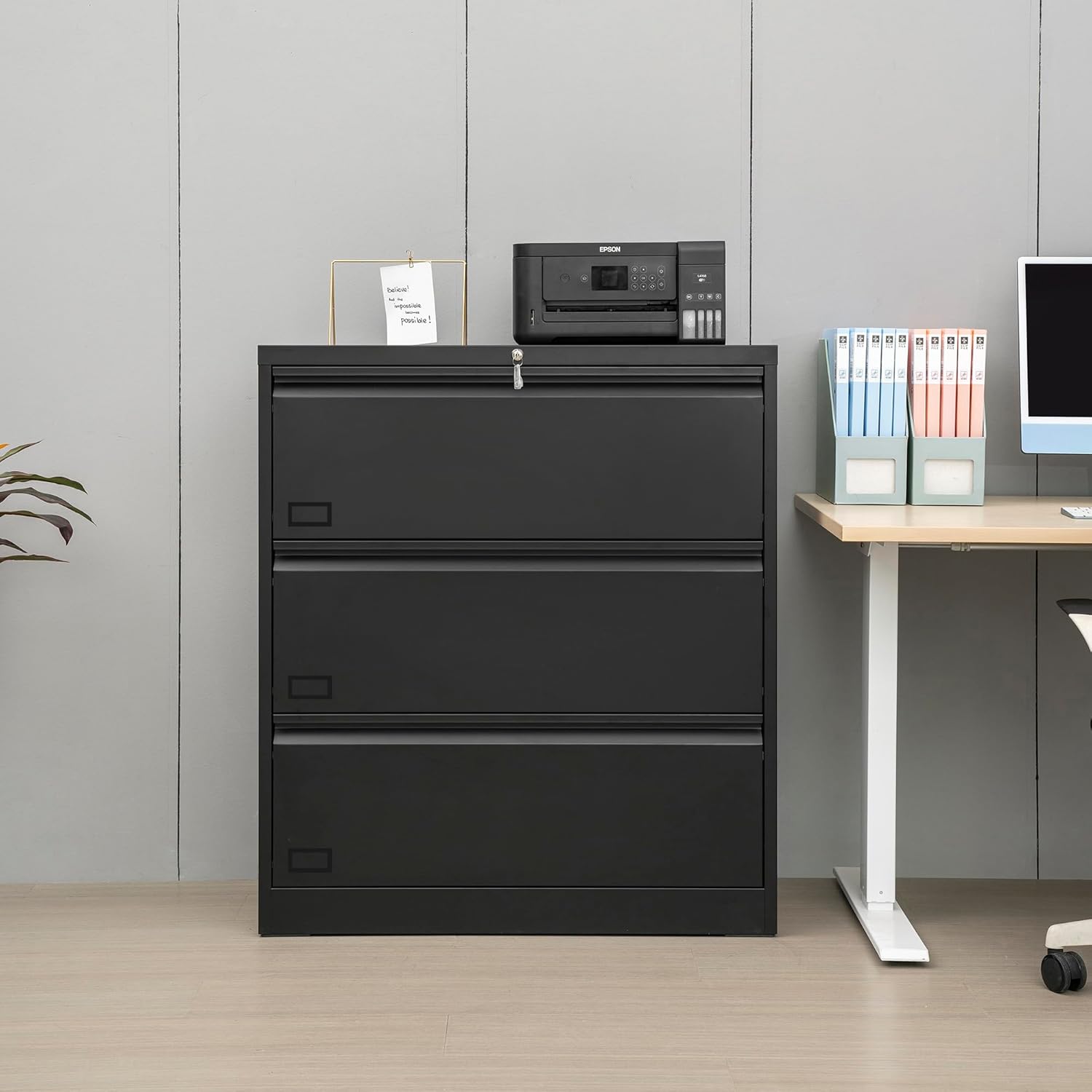 Archivador lateral con cerradura, archivadores laterales de metal inoxidable de 3 cajones, gabinetes de almacenamiento para oficina en casa para