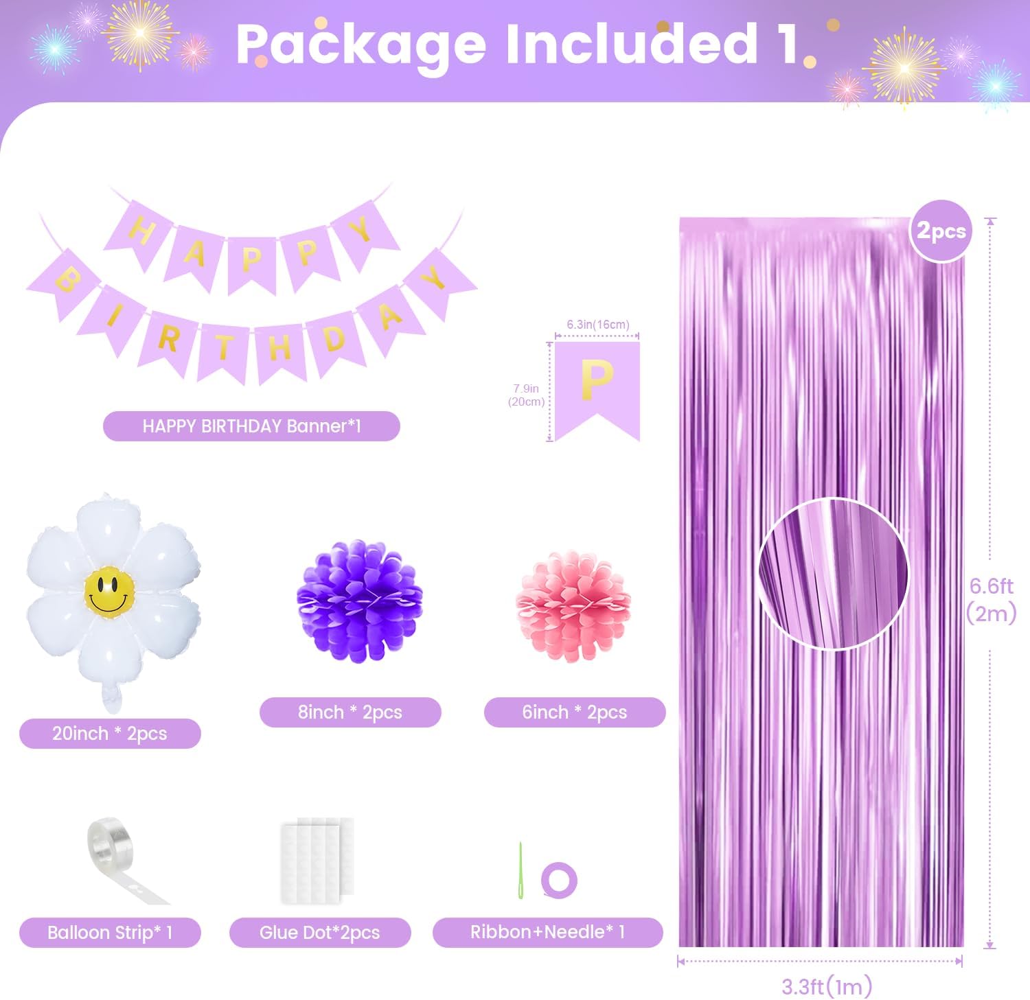 Decoraciones de cumpleaños rosa y morado para niñas, decoraciones de fiesta de feliz cumpleaños para mujeres, cortina de flecos morados, pancarta de