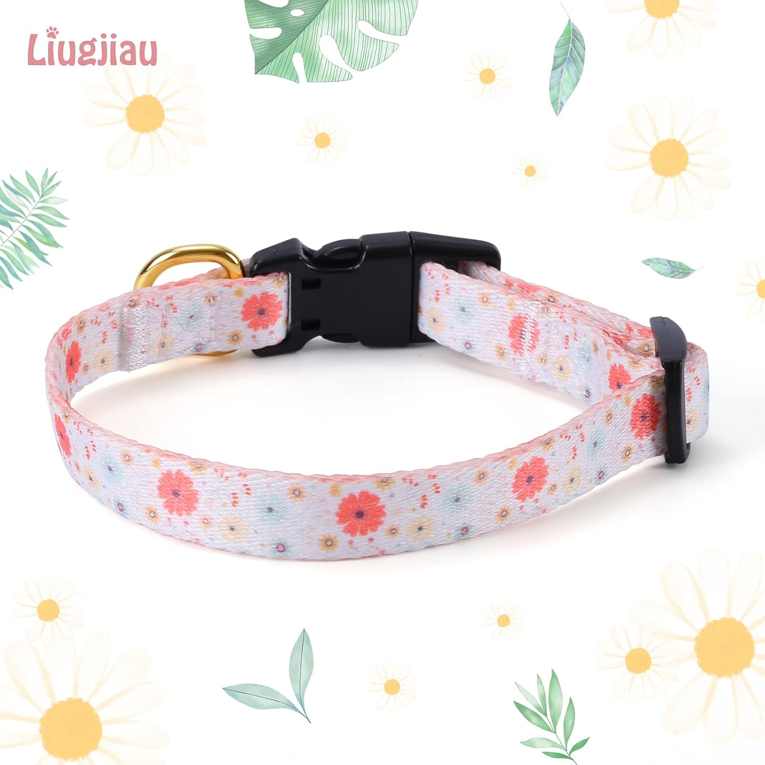 Collar de perro de algodón hecho a mano para perros pequeños, medianos y grandes, diseño de margaritas beige con dije, ideal para perros hembras,