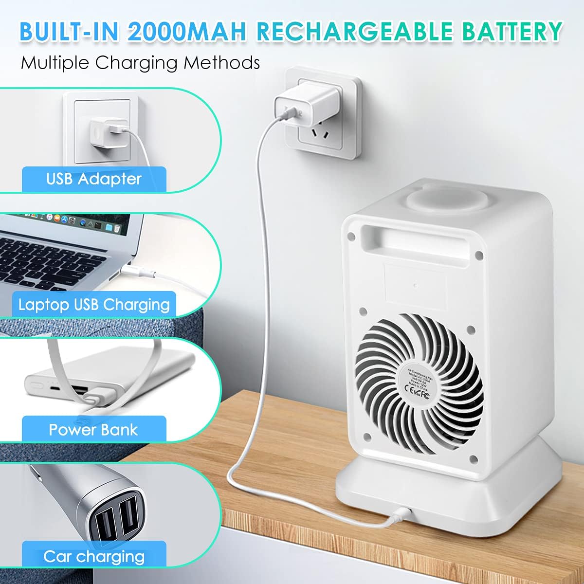 Aire acondicionado portátil, ventilador de atomización recargable de 2000 mAh (temporizador 2-4 H), aire acondicionado de brisa fría con oscilación