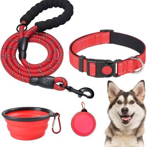 Wowuwoai Juego de collar y correa reflectante para perro con cuenco plegable, collares acolchados de neopreno suave para mascotas para perros Wowuwoai Juego de collar y correa reflectante para perro con cuenco plegable, collares acolchados de neopreno suave para mascotas para perros