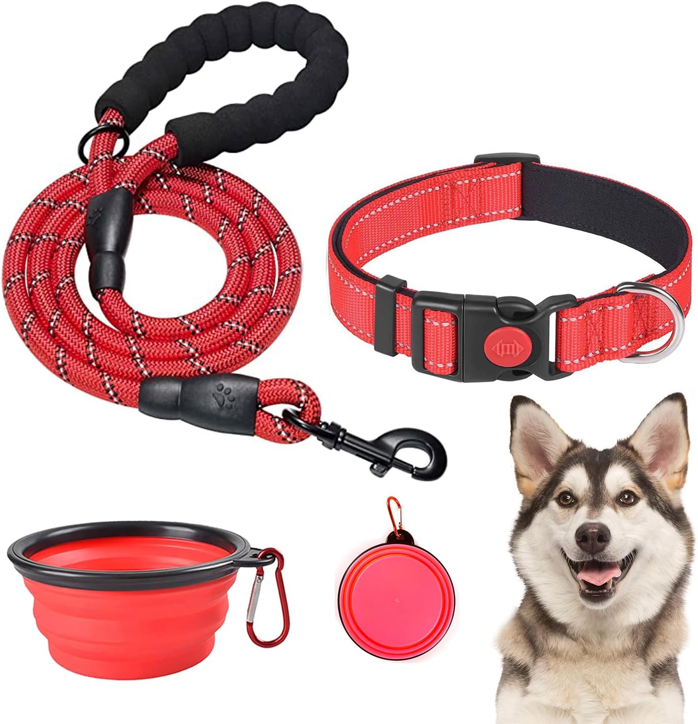 Wowuwoai Juego de collar y correa reflectante para perro con cuenco plegable, collares acolchados de neopreno suave para mascotas para perros