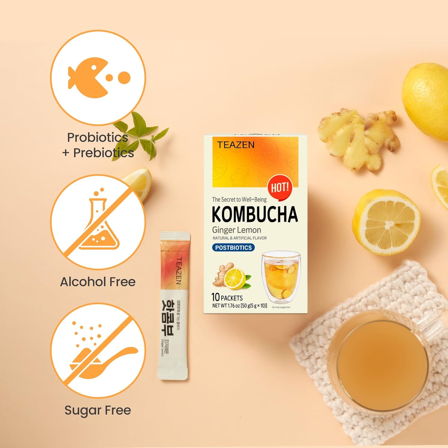 TEAZEN Hot Kombucha – Paquete variado de sabor a jengibre y limón con botella ecológica clásica (polvo de kombucha, 40 varillas, botella ecológica