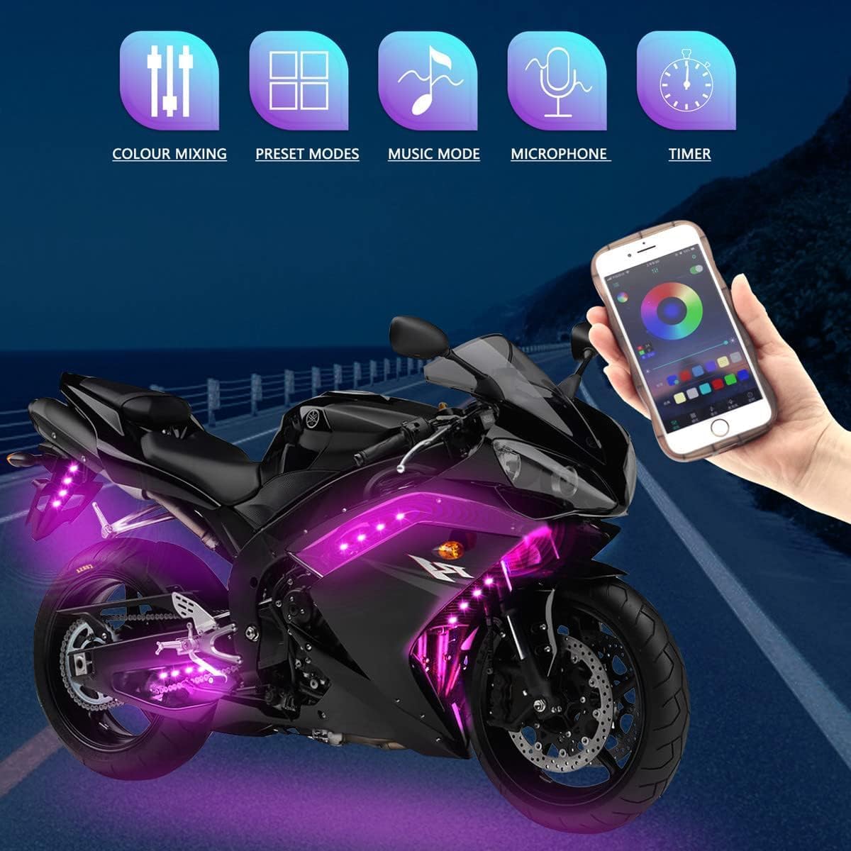 Juego de 6 luces LED para motocicleta, control de aplicación, multicolor, impermeable, tira de luces LED para motocicleta, sincronización de música