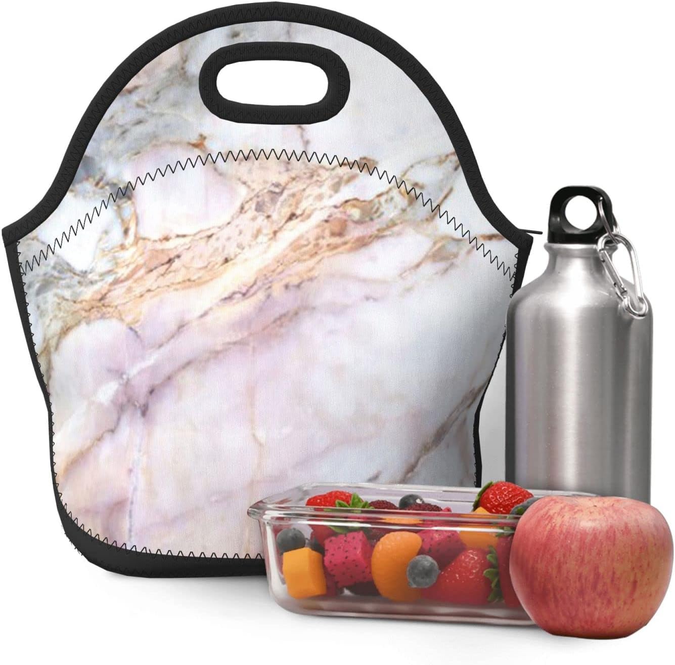 Bolsas de almuerzo de neopreno impresas con patrón de mármol rosa y blanco, bolsa de almuerzo con aislamiento térmico reutilizable, hielera térmica