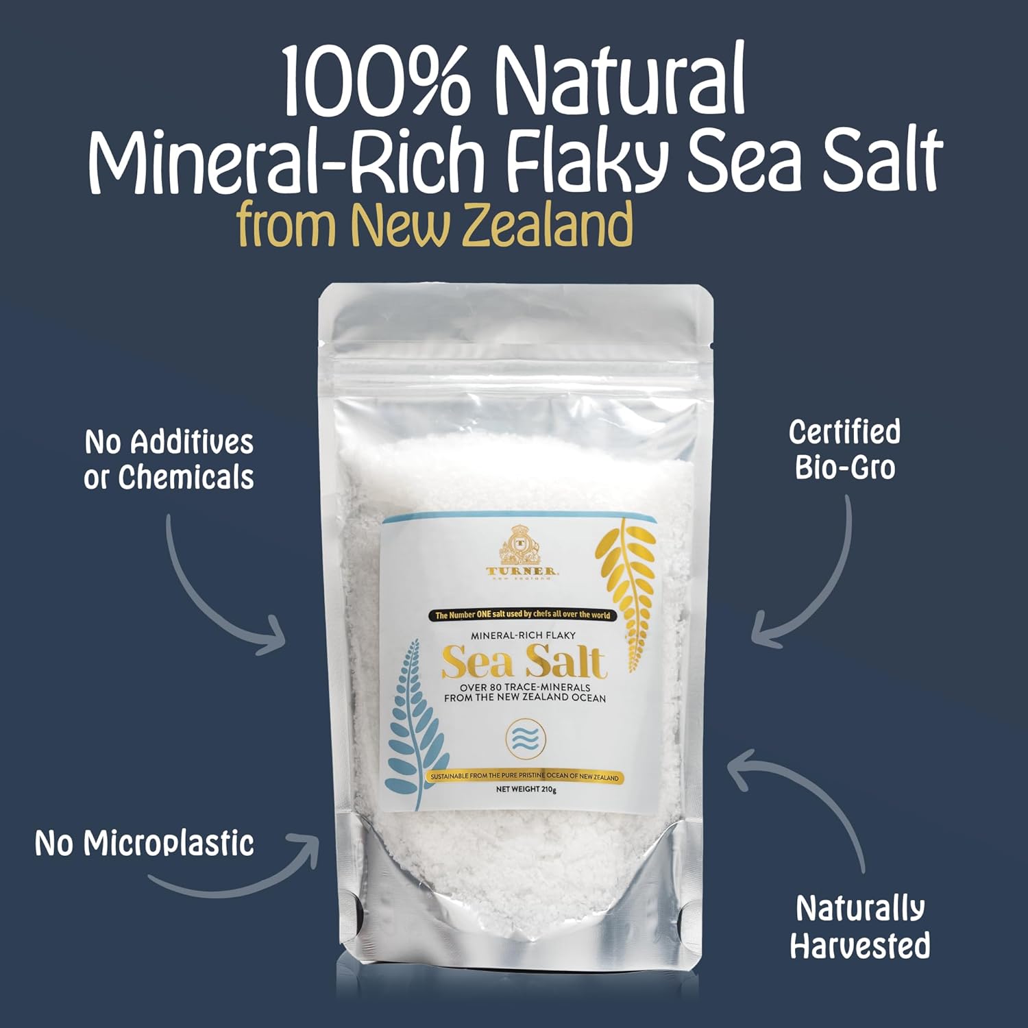 TURNER Sal marina escamosa rica en minerales, fabricada en Nueva Zelanda, copos Kosher, 37.04oz, gourmet de alta calidad, sin procesar, 84 minerales