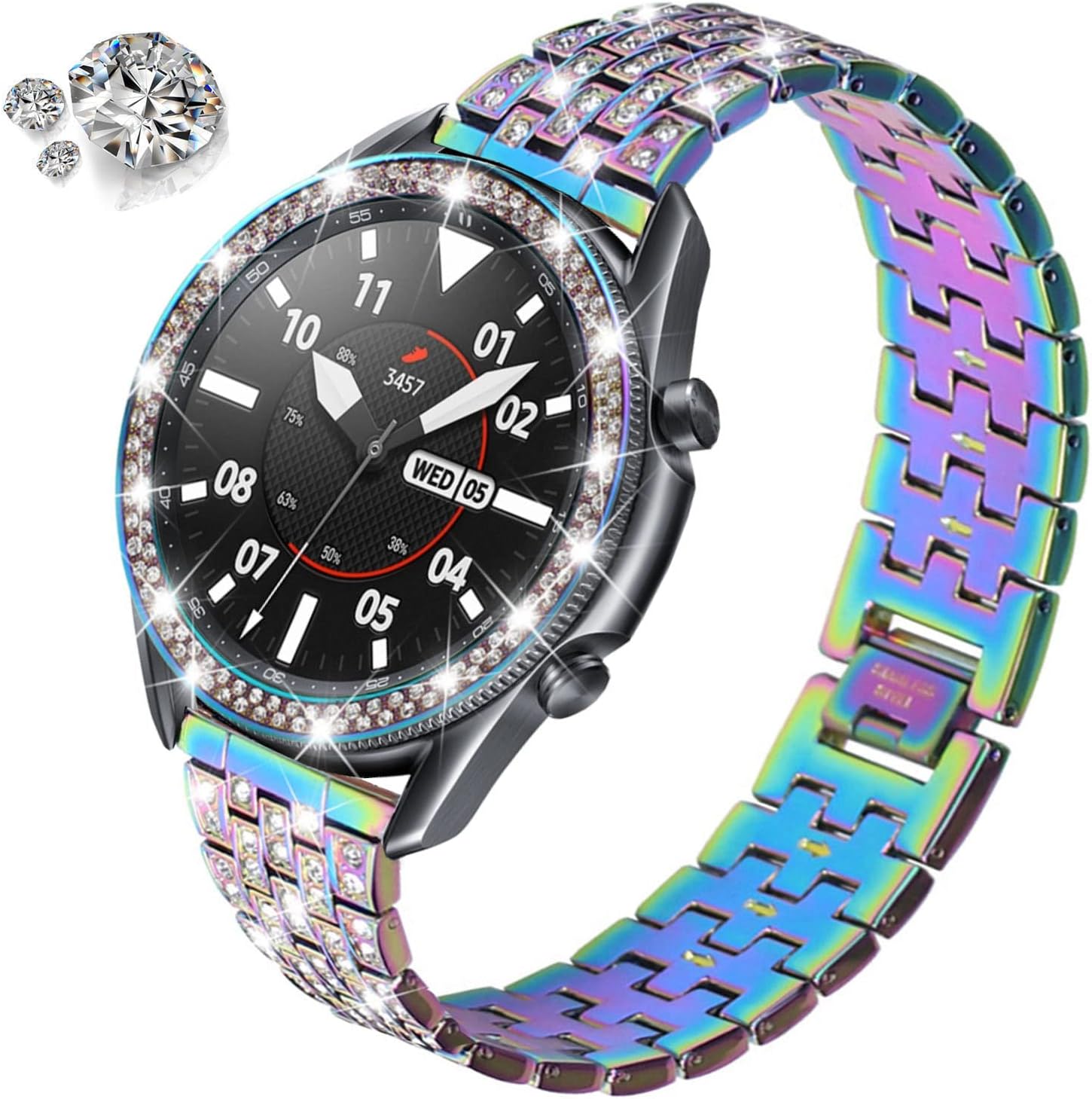 DEALELE Correas compatibles con Samsung Galaxy Watch 3 (1.772 pulgadas), correa de metal inoxidable con diamantes de imitación completos de 0.872