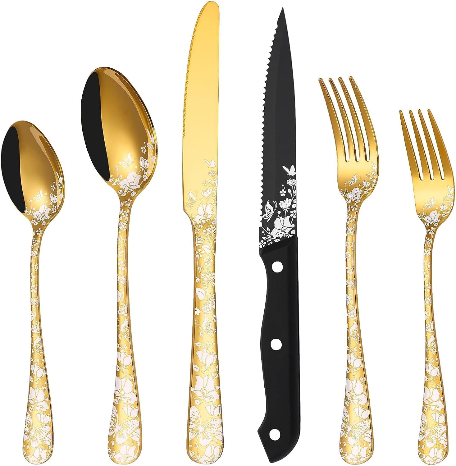 Stapava – Juego de cubiertos dorados de 36 piezas con cuchillos para carne para 6, cubiertos de acero inoxidable, utensilios únicos, juego de