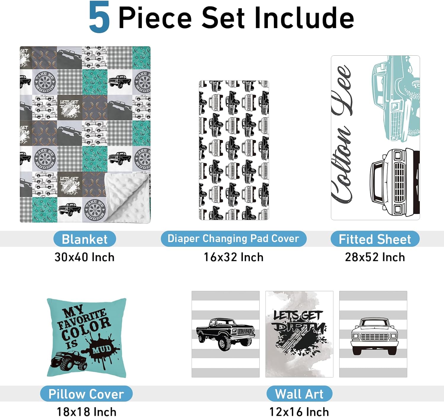 Juego de ropa de cama personalizado para cuna, juego de 5 piezas para cuna, manta con nombre personalizado con respaldo punteado para bebés niños y