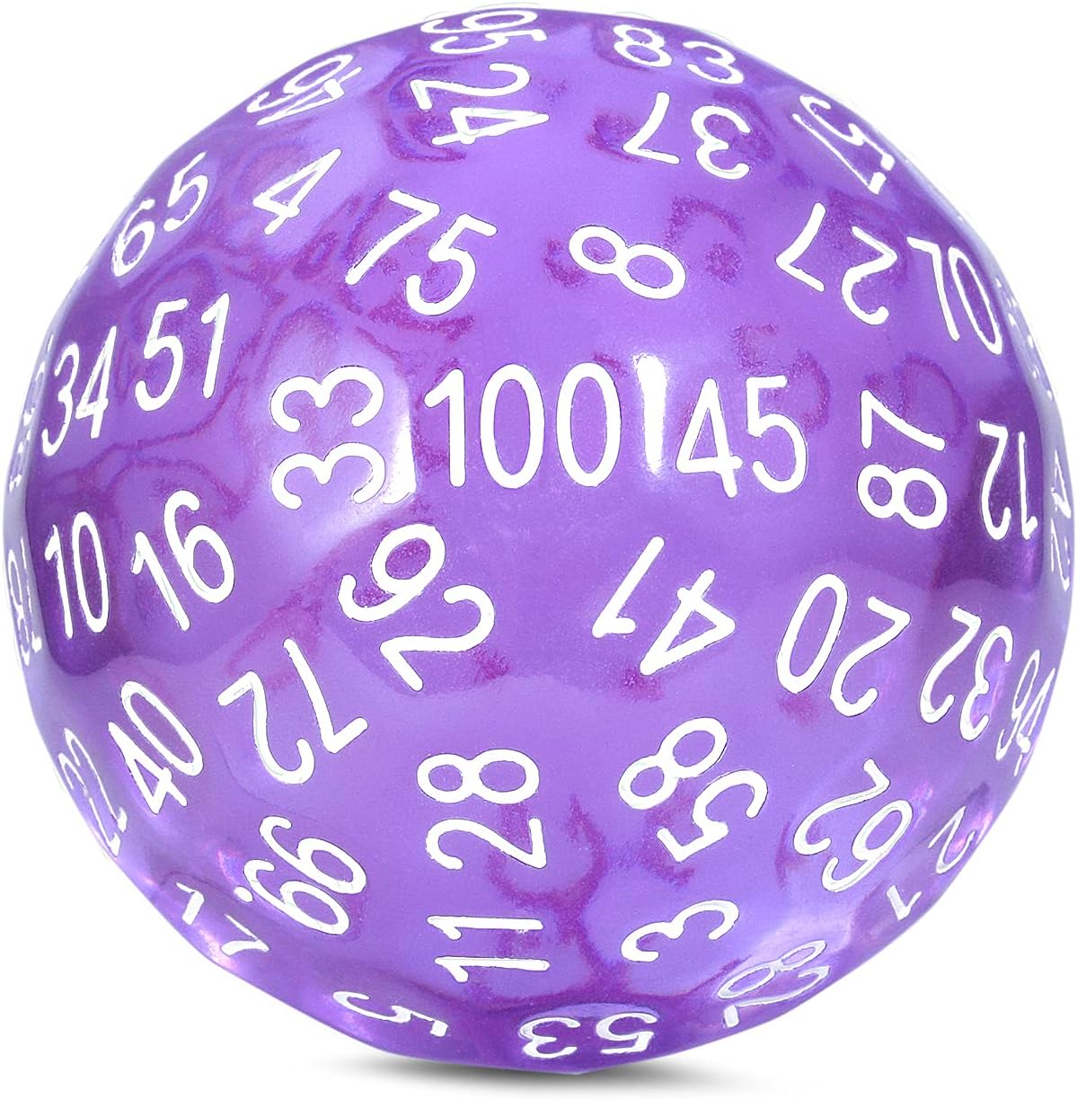 DNDND D100 – Dados morados con purpurina de 100 caras con bolsa translúcida para Calabozos y Dragones (Morado camaleón con número blanco)