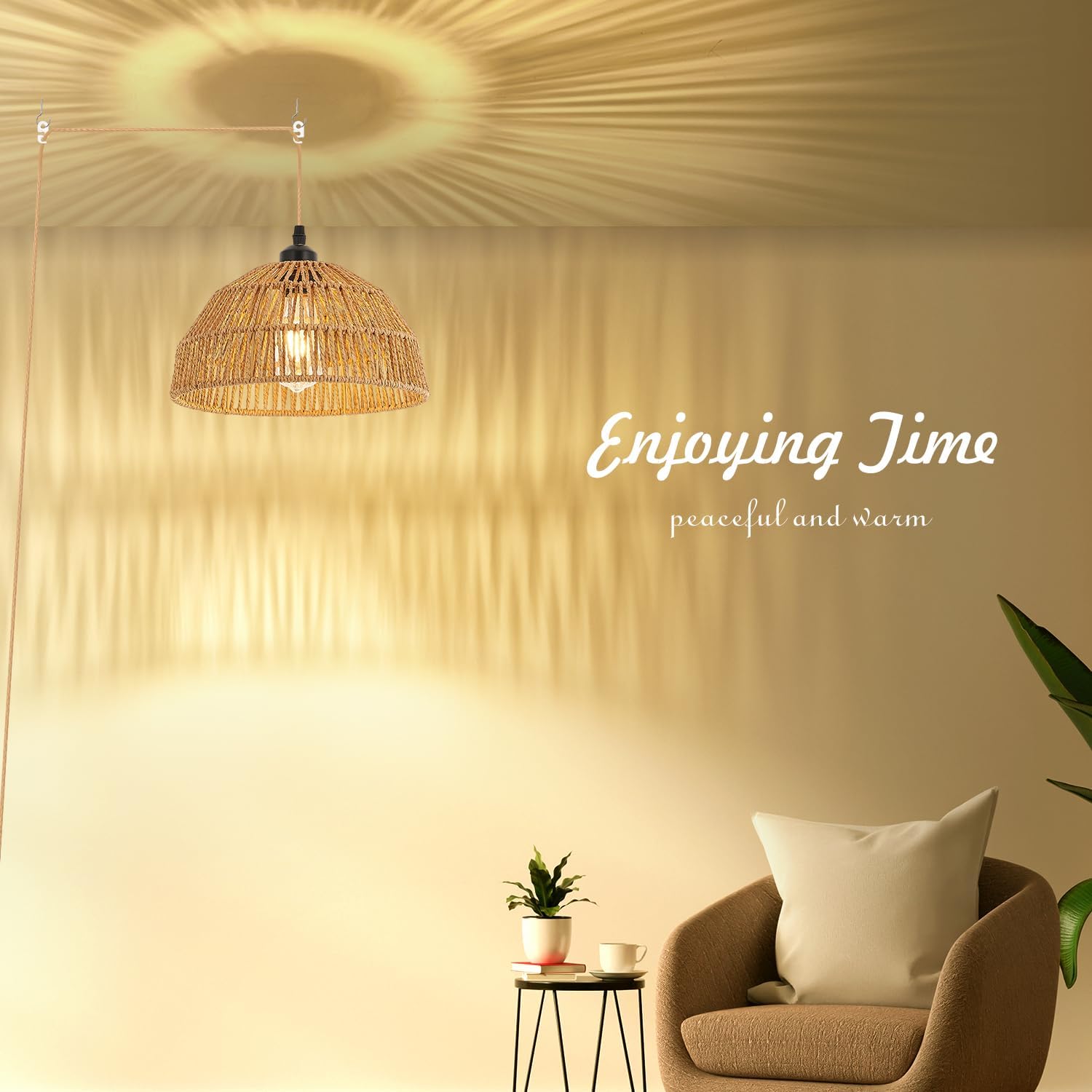 Worderdeng – Lámpara colgante de ratán enchufable, luces colgantes de 14.7 pies con estilo bohemio, lámpara colgante con pantalla de cuerda de