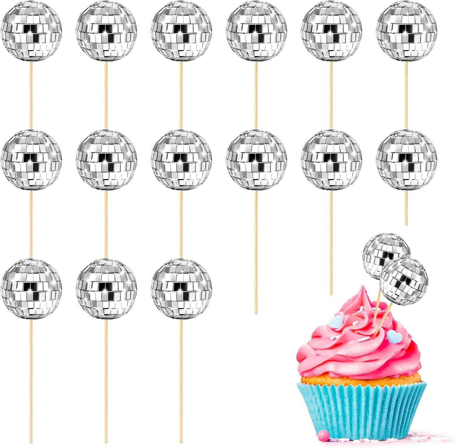 15 adornos de bola de discoteca para cupcakes, palillos brillantes para cumpleaños, decoración de pasteles de bola de discoteca, decoraciones