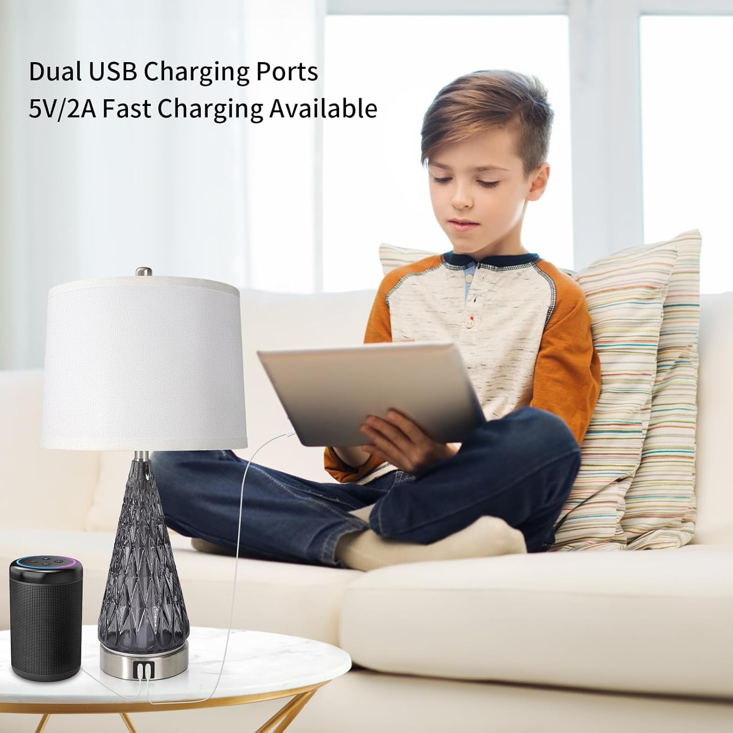 Juego de 2 lámparas de mesa para sala de estar, lámpara de noche de cristal moderna con puertos USB, lámparas de mesita de noche regulables de 4