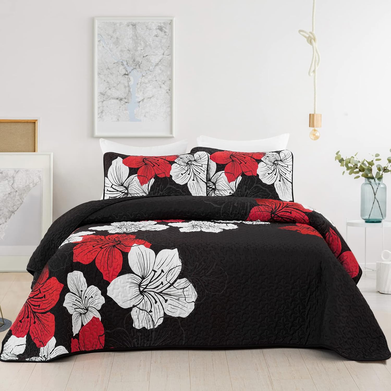 DJY Juego de edredón de 3 piezas California King con patrón floral rojo, elegante colcha bohemia con 2 fundas de almohada, juego de edredón floral