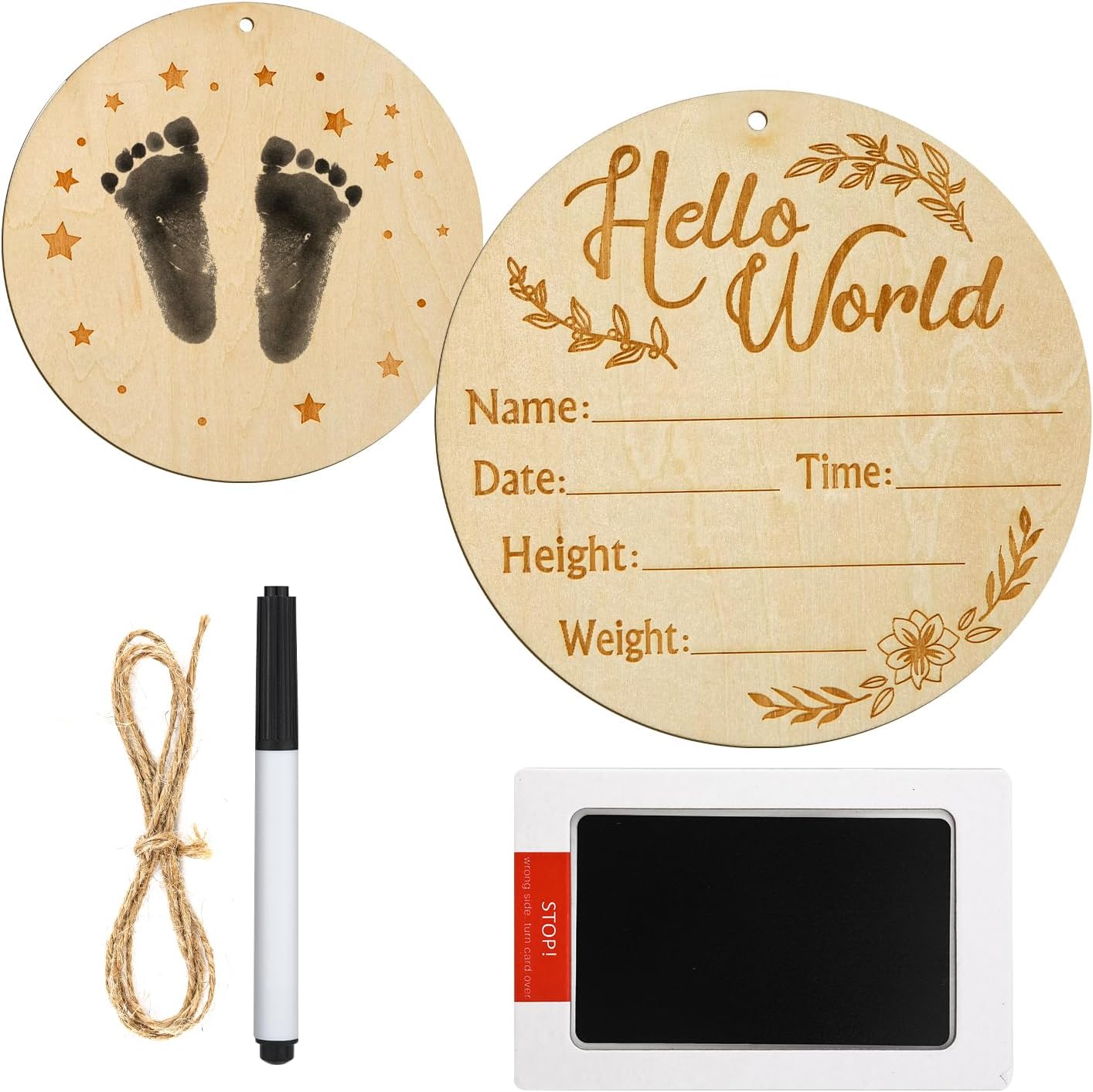 Letrero de anuncio de bebé, 5.9 pulgadas, de doble cara, de madera, con texto en inglés “Hello World”, letrero de anuncio de nacimiento de bebé,