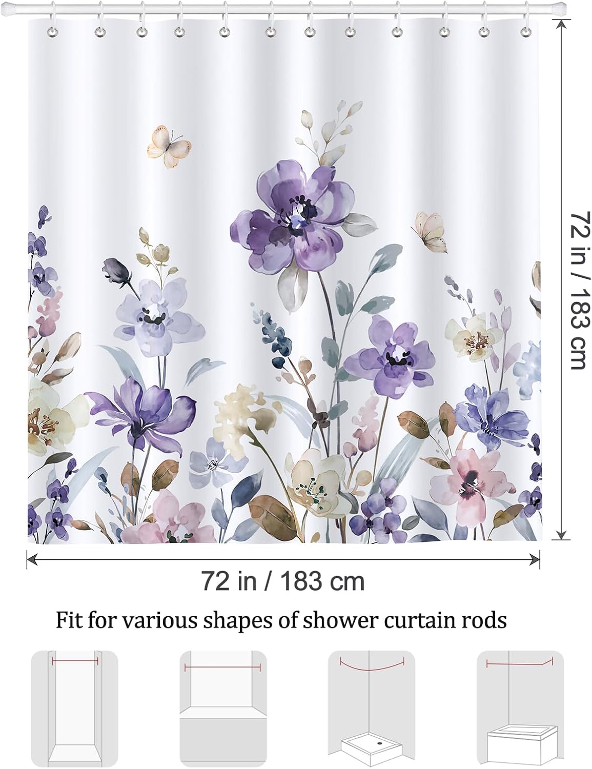 Bonhause Cortina de ducha floral morada, cortina de baño de 72 x 72 pulgadas, tela de poliéster impermeable con 12 ganchos