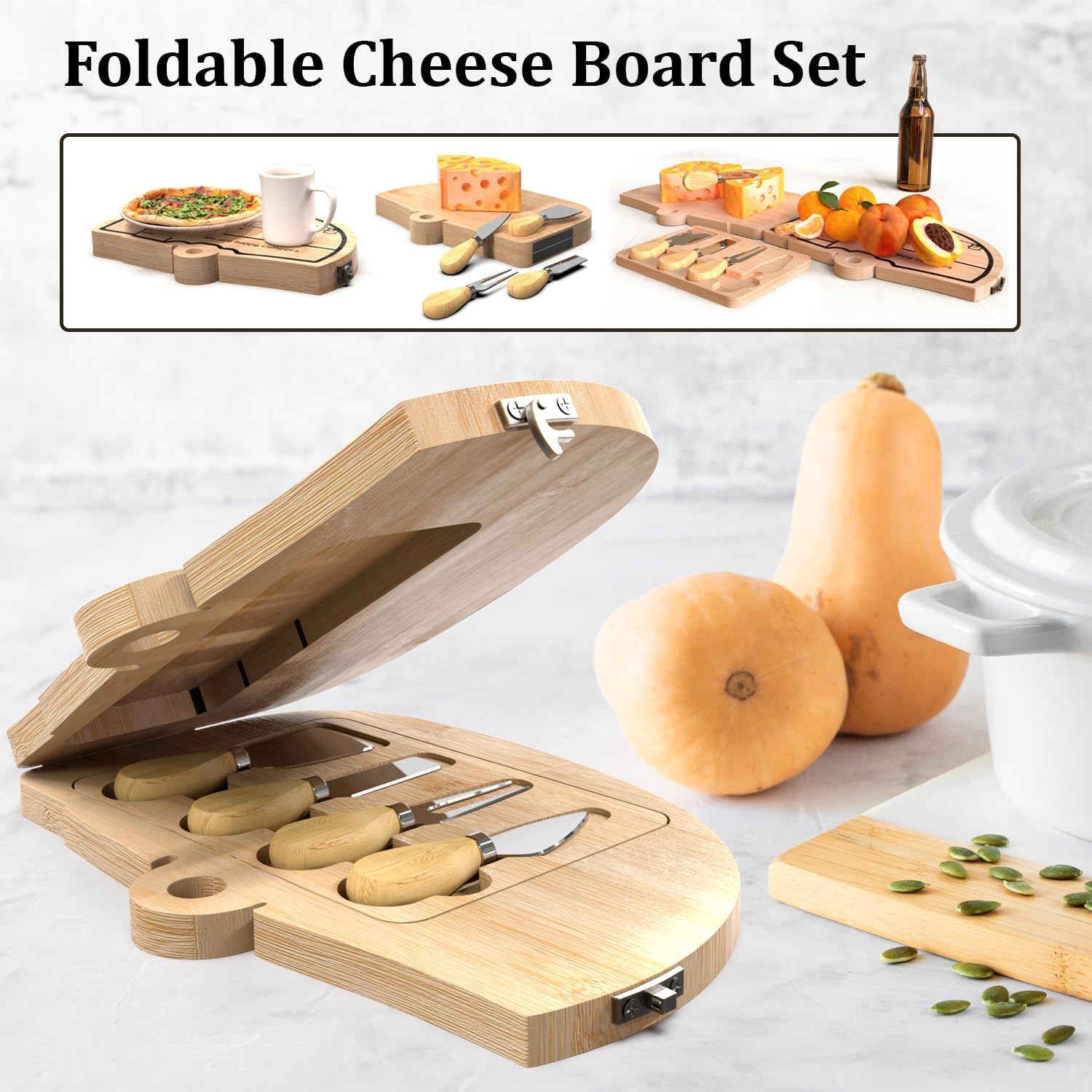 Juego de tabla de quesos y cuchillos plegables de bambú, tabla de cortar de queso, regalos de cumpleaños para mamá, papá, regalos de inauguración