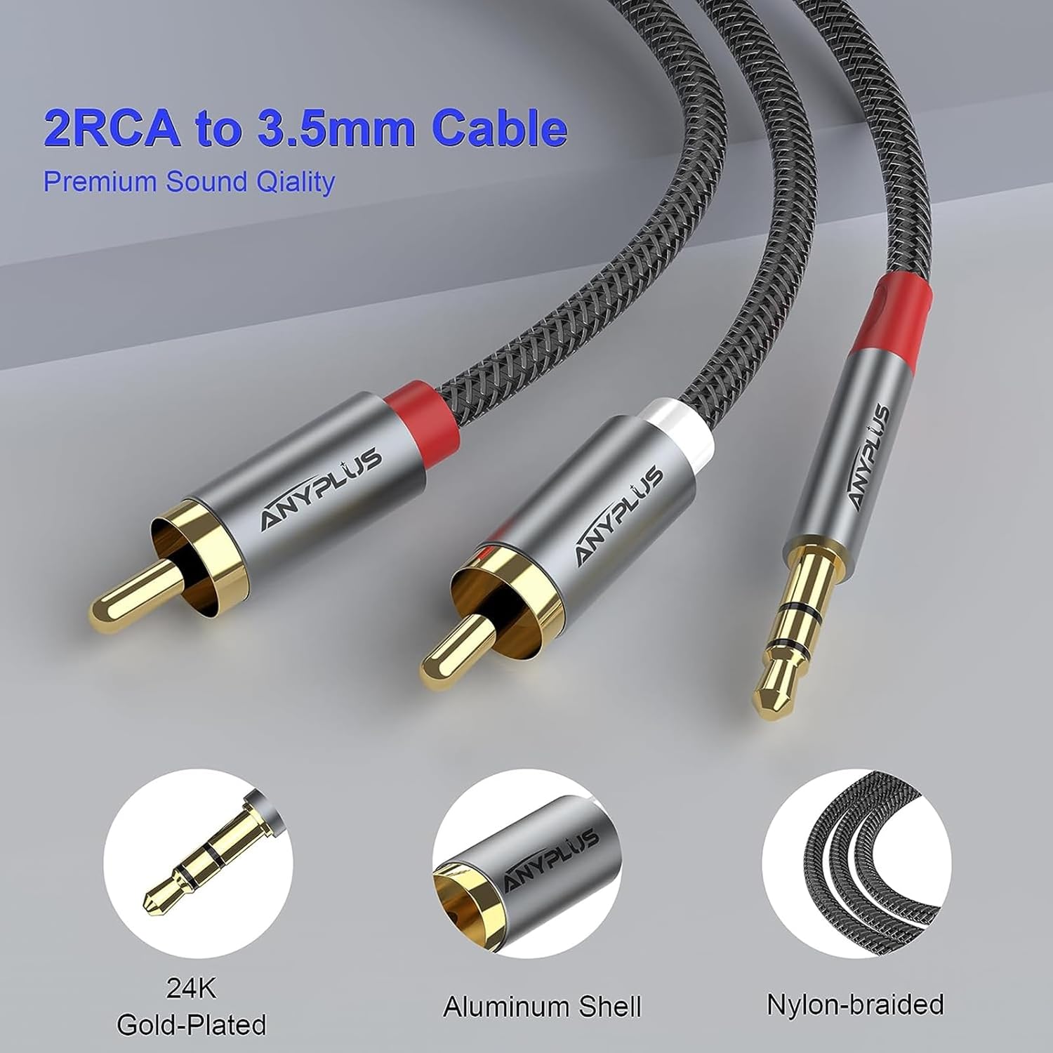 ANYPLUS 2RCA a 0.138 in, 1M 18 a RCA 2-Macho Cable trenzado de alambre de pescado Cable auxiliar RCA para Smartphone, tableta, HDTV o altavoz