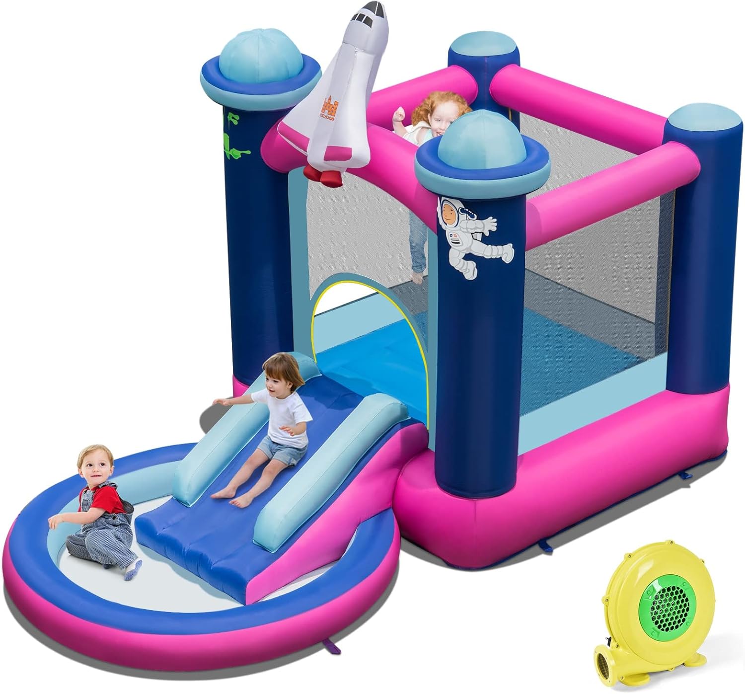 BOUNTECH Casa inflable de rebote, castillo animoso para diversión de fiesta infantil con tobogán, piscina de pelotas, temática espacial, casa de