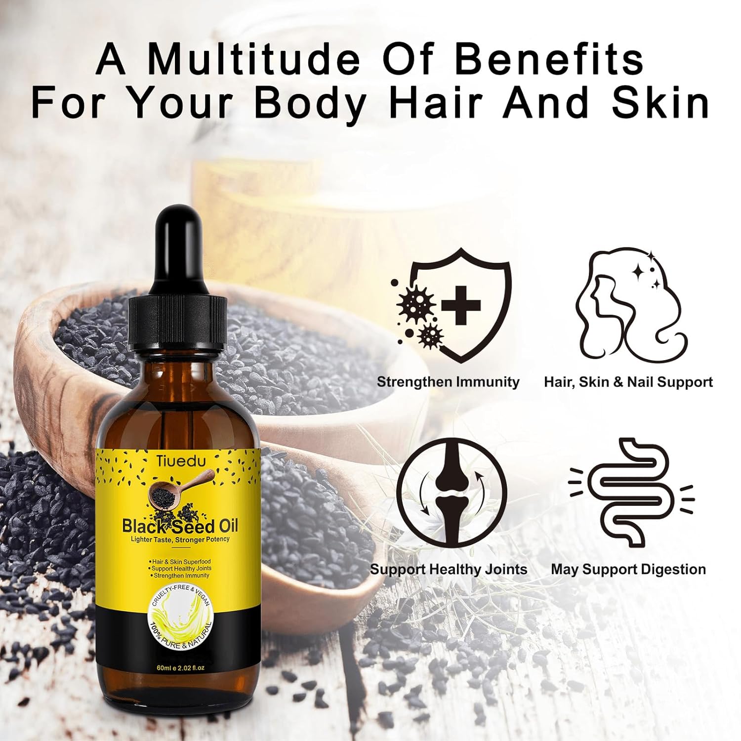Tiuedu Aceite de semilla negra orgánica para cabello, cuerpo y piel, 100% puro, aceite de semilla negra prensado en frío, mejor para articulaciones