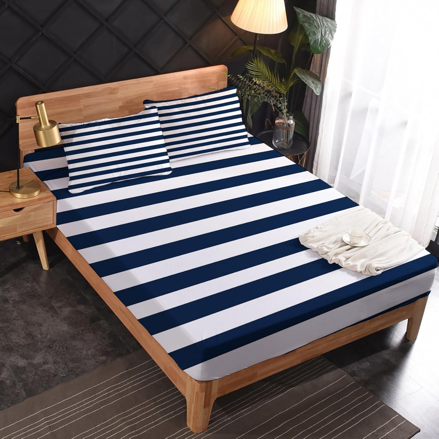zcsm Nautical Sheets – Juego de sábanas tamaño Queen, color azul marino y blanco, de microfibra suave, bolsillo profundo, sábanas y fundas de