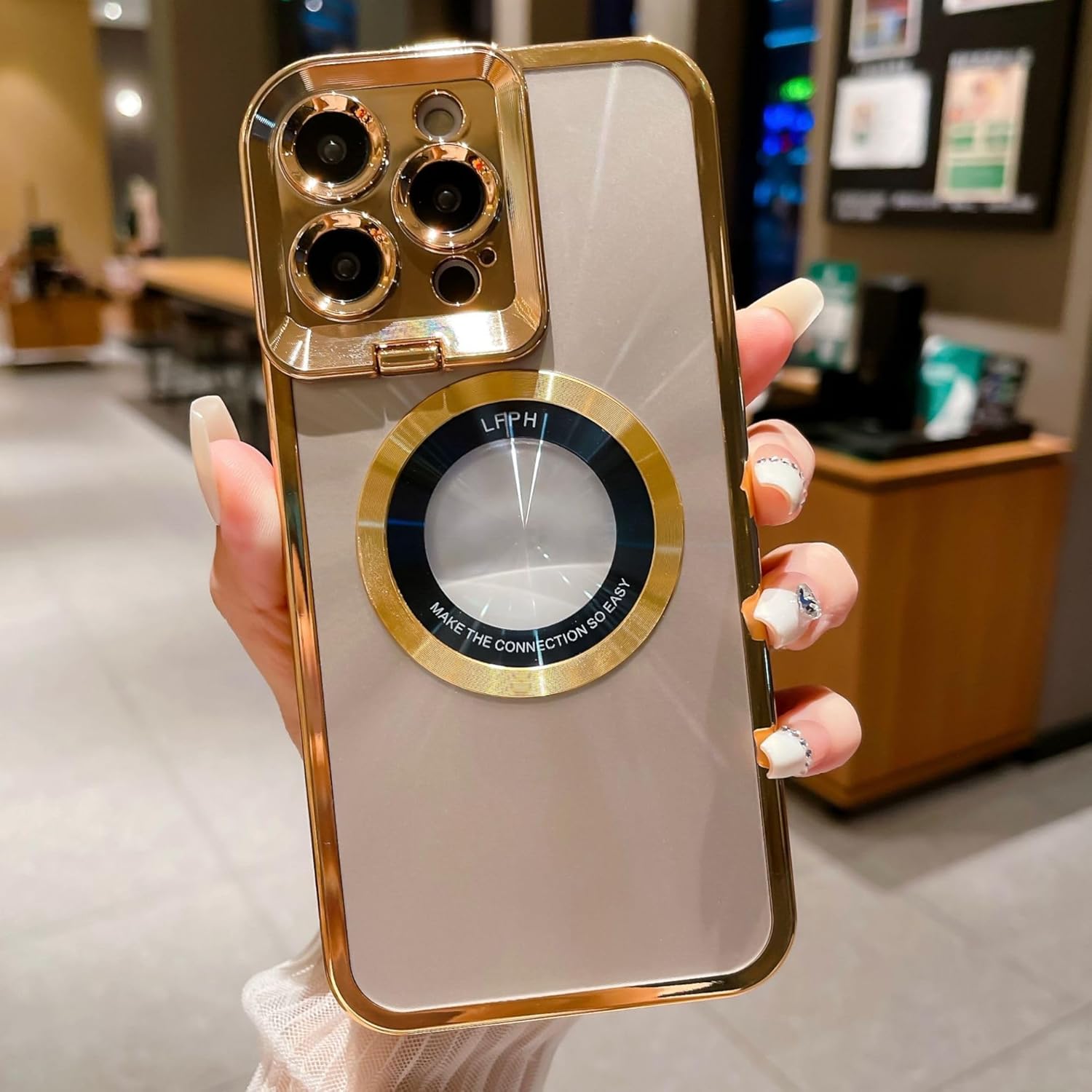 MZELQ Funda magnética chapada para iPhone 14 Pro Max, compatible con MagSafe, vista del logotipo, protección de cámara elegante de lujo, protector