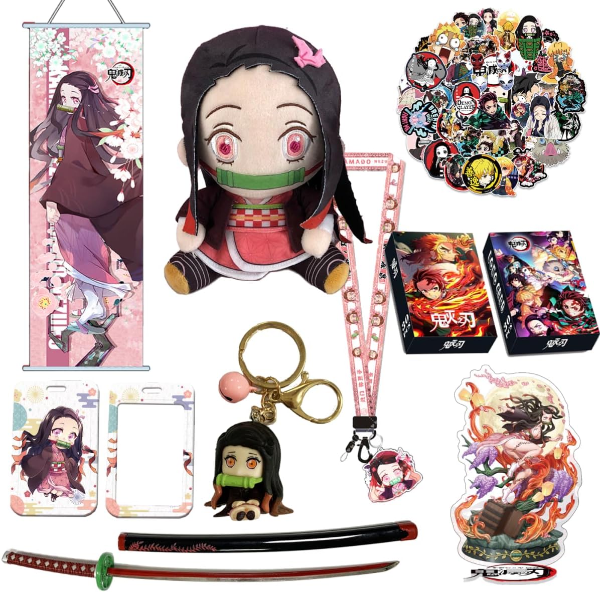 Duxpioh Juego de regalo de mercancía de anime, incluye felpa, póster colgante, mini espada, soporte acrílico, cordón, llavero, tarjetas Lomo,