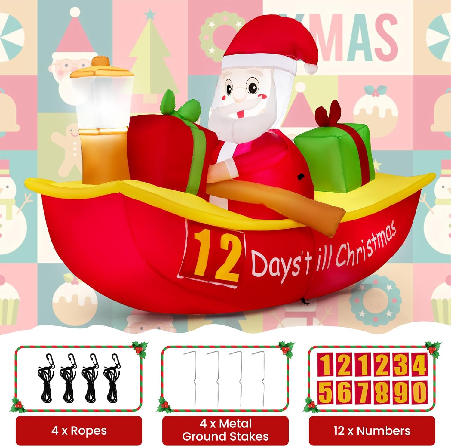 Tangkula Barco inflable de remo de Papá Noel de 7 pies con luz de navegación, cuenta regresiva para Navidad, decoración iluminada al aire libre con