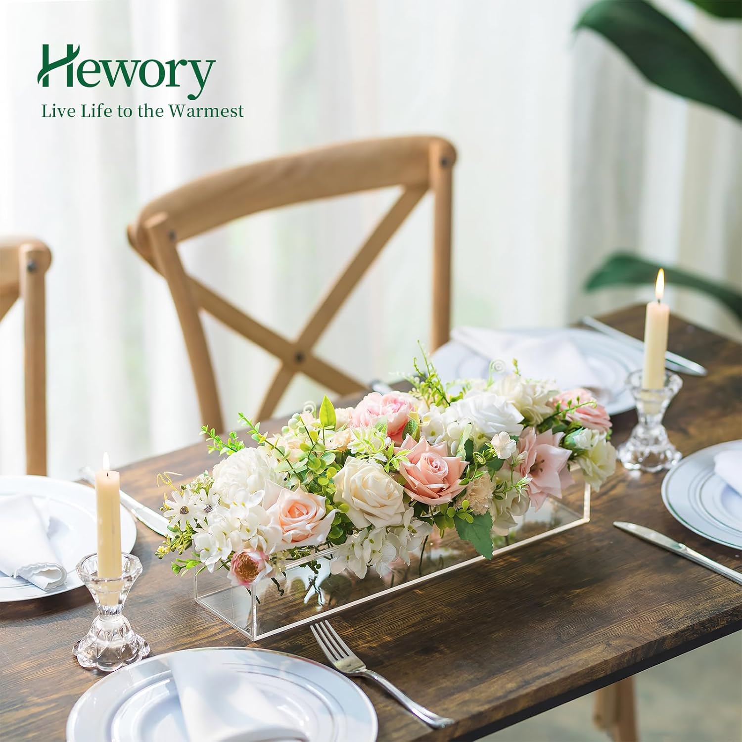 Jarrones rectangulares de acrílico para centros de mesa, florero floral de 16 pulgadas de largo con agujeros para flores, bandeja rectangular