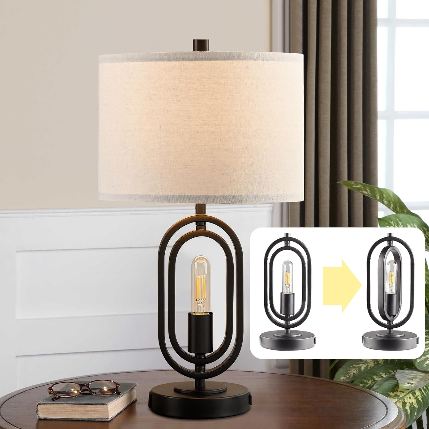 Kyrid Juego de lámpara de mesa negra de 22 pulgadas con puerto USB y tomacorriente, lámparas de mesa de noche con control táctil de 3 vías con luz