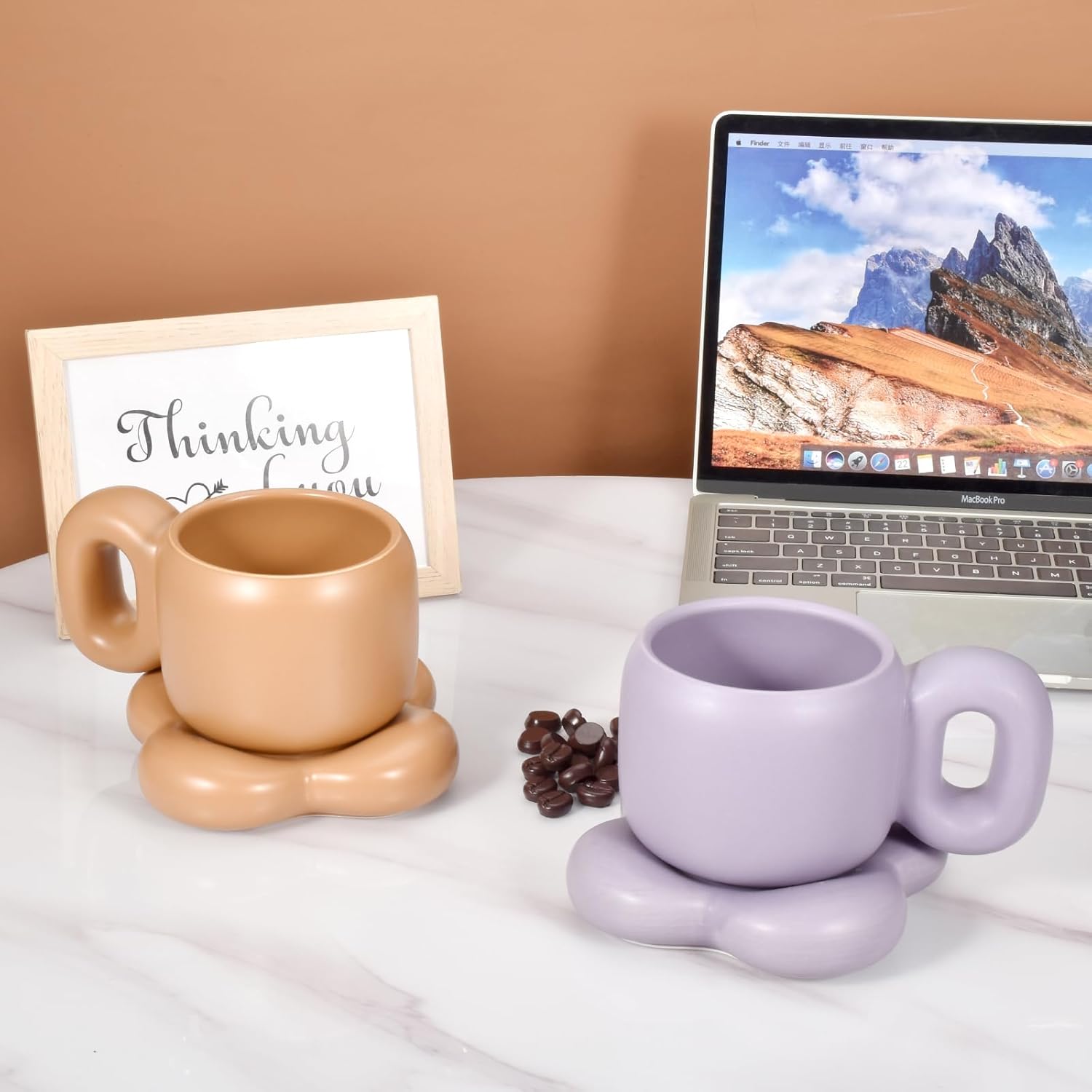 Koythin Taza de café de cerámica con platillo, bonita y creativa forma de flor con mango graso, platillo para oficina y hogar, apto para