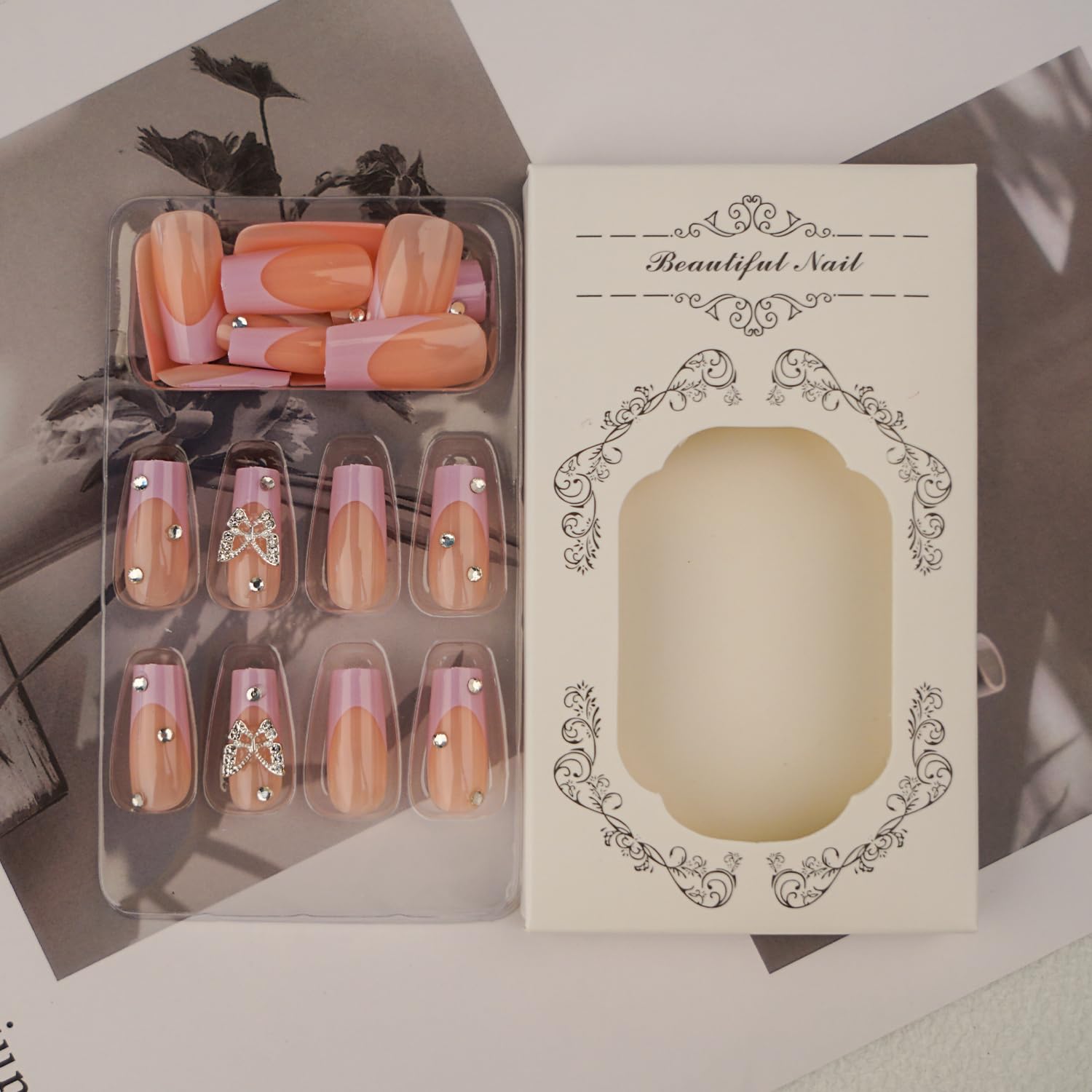 24 uñas postizas largas a presión con punta francesa cuadrada rosa con dijes de uñas de mariposa y diamantes de imitación, uñas postizas de