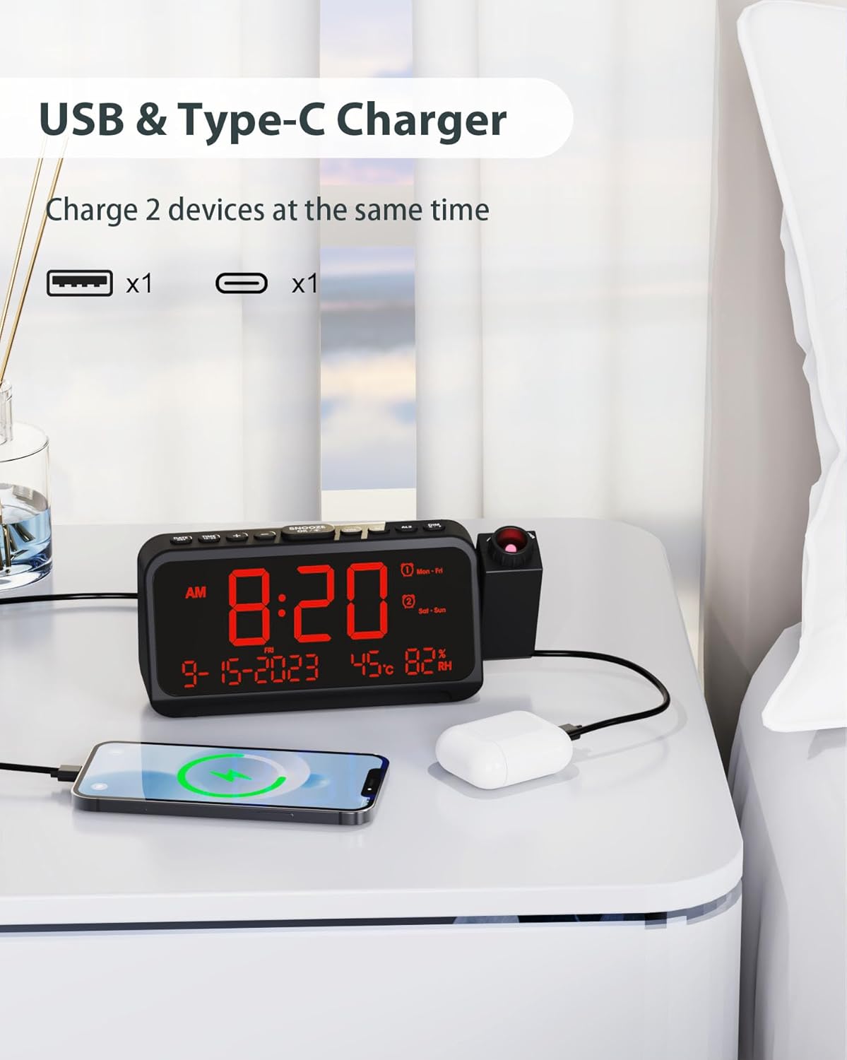Roxicosly Reloj despertador de proyección dígitos blancos proyección roja+despertador súper fuerte con agitador de cama 2 unids