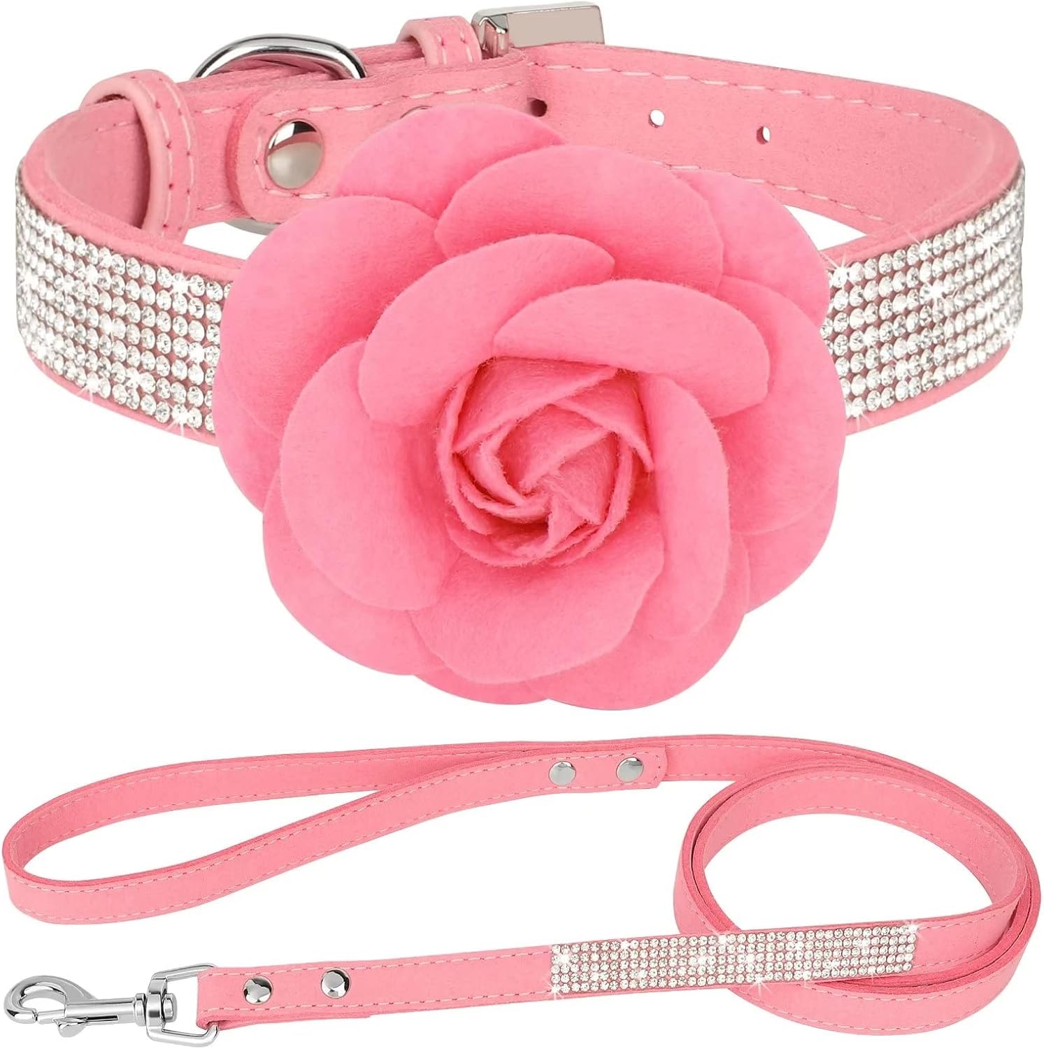 Beirui Bling – Juego de collar y correa para perro con diamantes de imitación, collares de piel de ante suave y brillante para perros con flores,