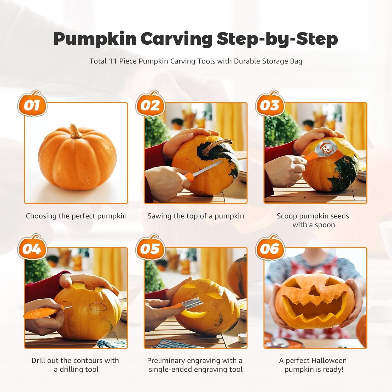 Kit de 11 piezas de tallado de calabaza para adultos y niños con herramientas de escultura de detalles profesionales, juego de cuchillos de acero