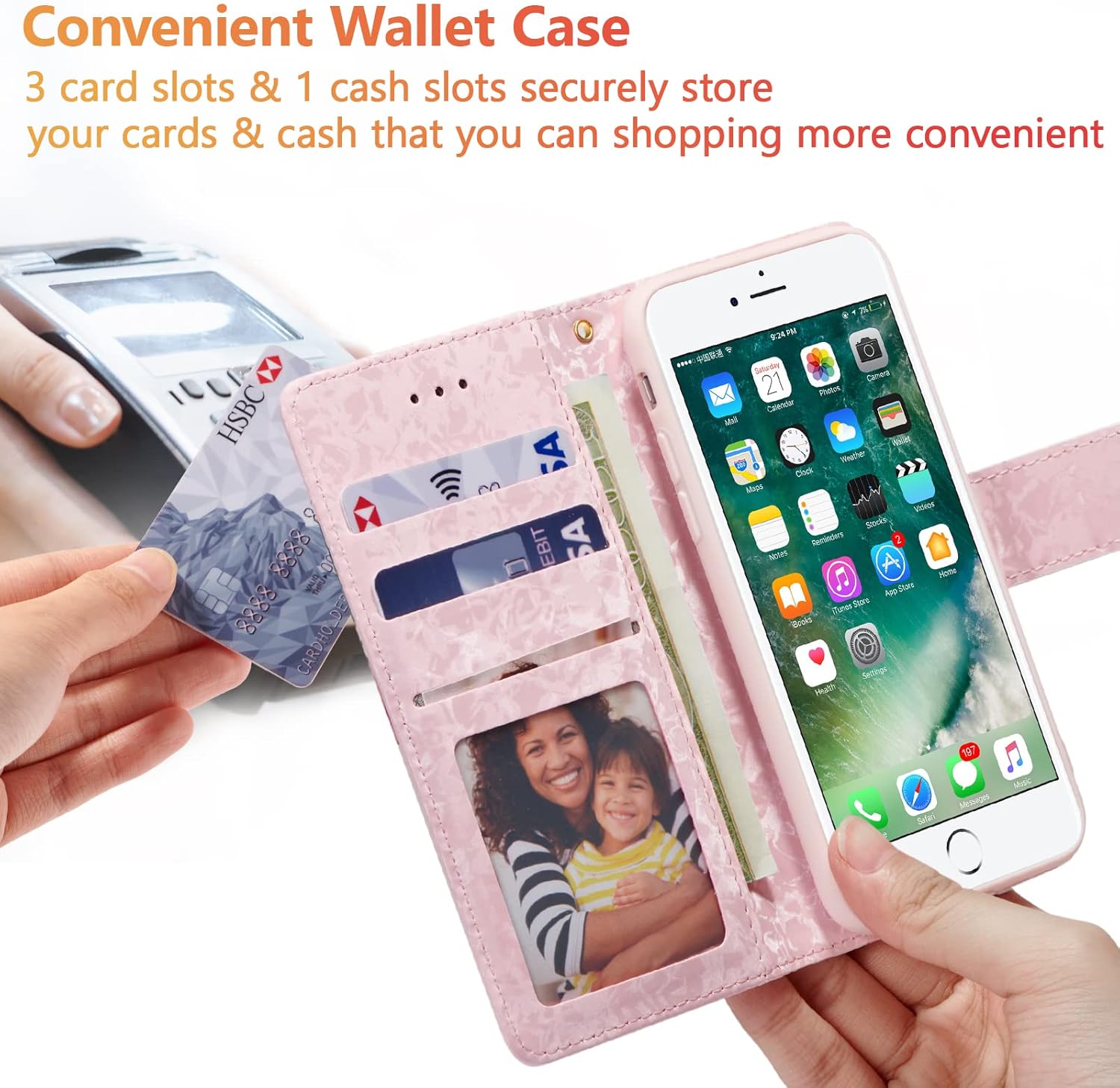 UEEBAI Funda tipo cartera para iPhone 7 PlusiPhone 8 Plus, de piel sintética, con función atril, bloqueo RFID, con ranuras para tarjetas, correa
