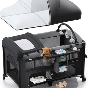 Cuna 4 en 1, para empacar y jugar, para cuna de noche, cambiador de pañales, viene con colchón, mosquitera, almacenamiento inferior y barra de Cuna 4 en 1, para empacar y jugar, para cuna de noche, cambiador de pañales, viene con colchón, mosquitera, almacenamiento inferior y barra de